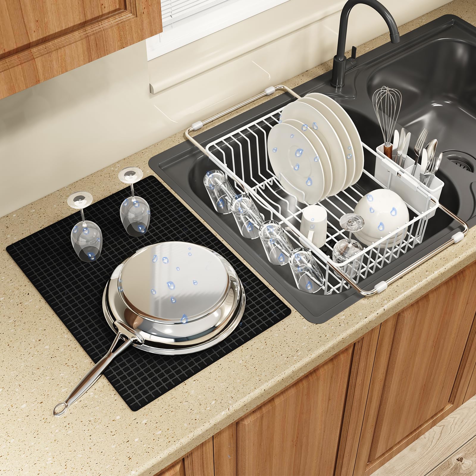White Dish Drying Rack Over The Sink with Utensil Holder