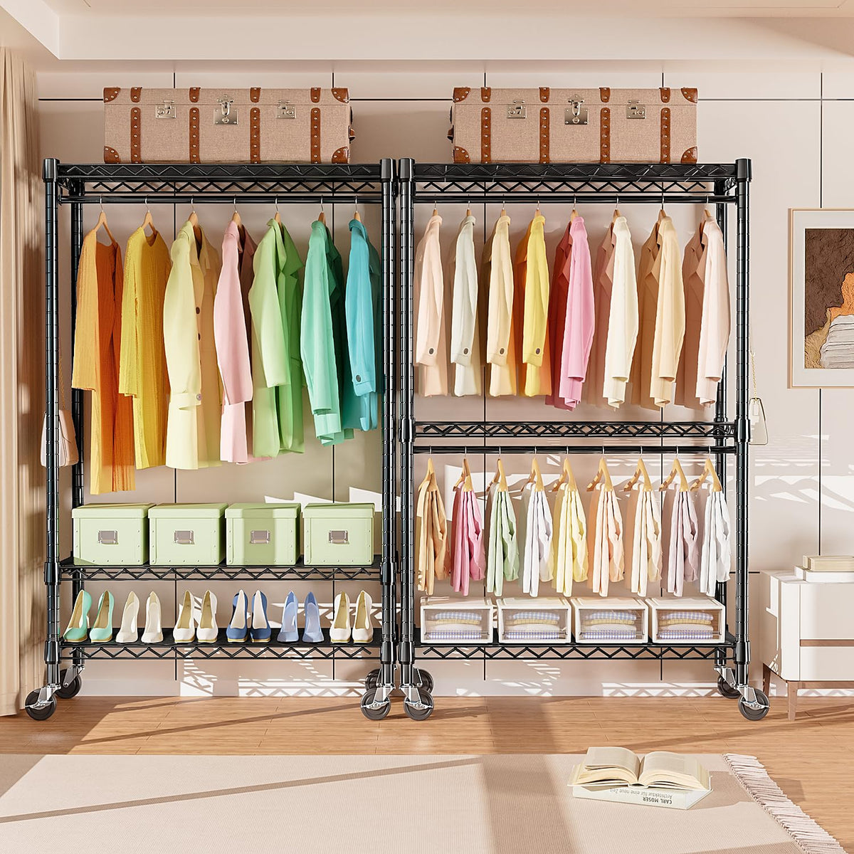 Heavy Duty Rolling Garment Rack 3 Tiers Adjustable Wire Shelving Clothes Rack with Rods and Side Hooks