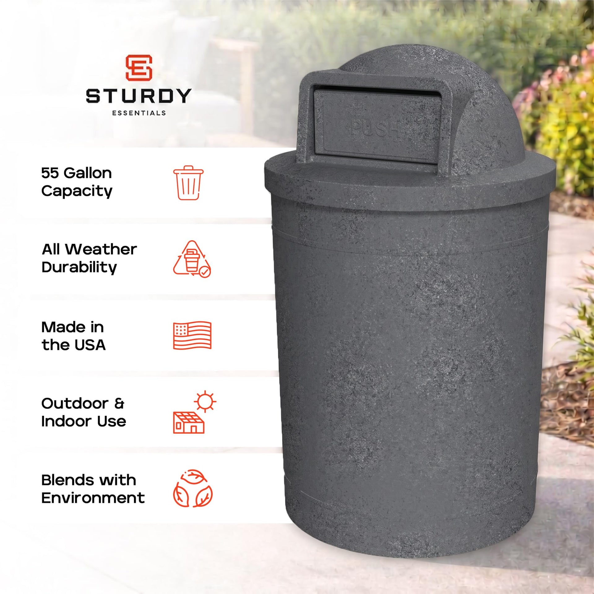 Campus Collection 55 Gallon Plastic Commercial Garbage Can with Push Lid