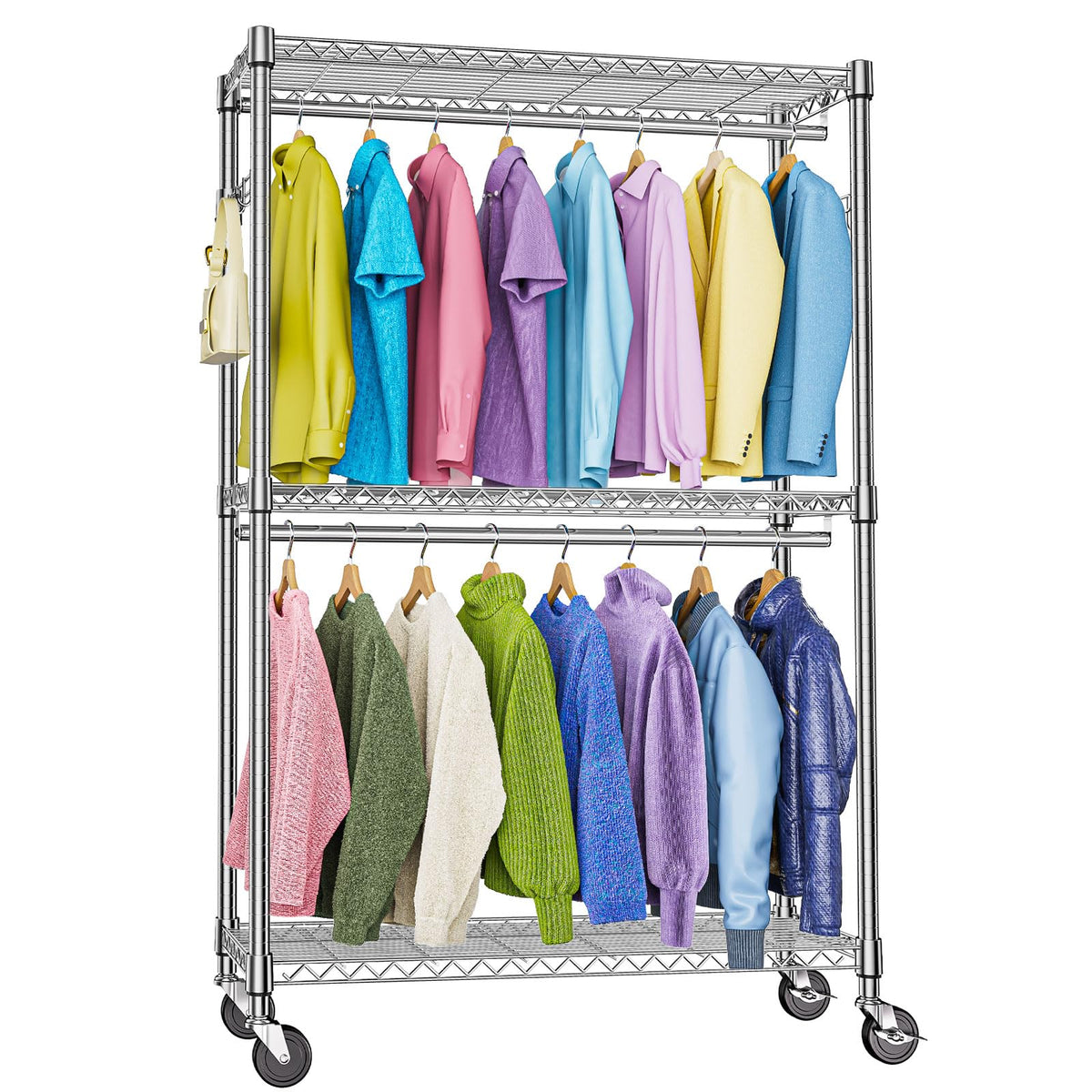 Heavy Duty Rolling Garment Rack 3 Tiers Adjustable Wire Shelving Clothes Rack with 2 Rods and Side Hooks