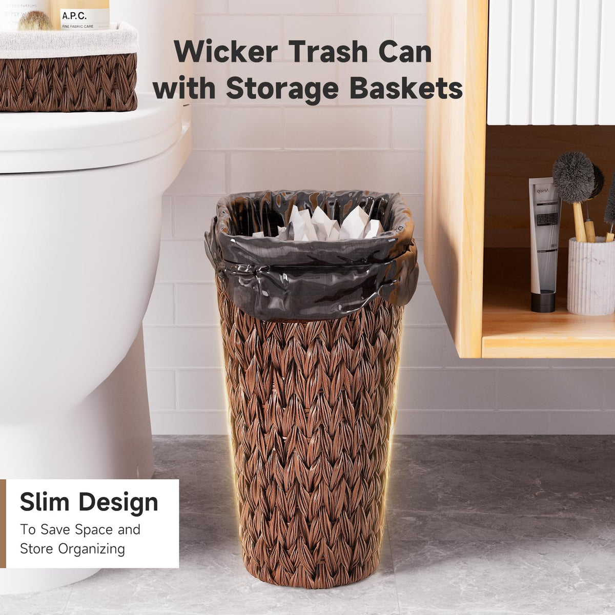 Bathroom Trash Can with Wicker Storage Baskets