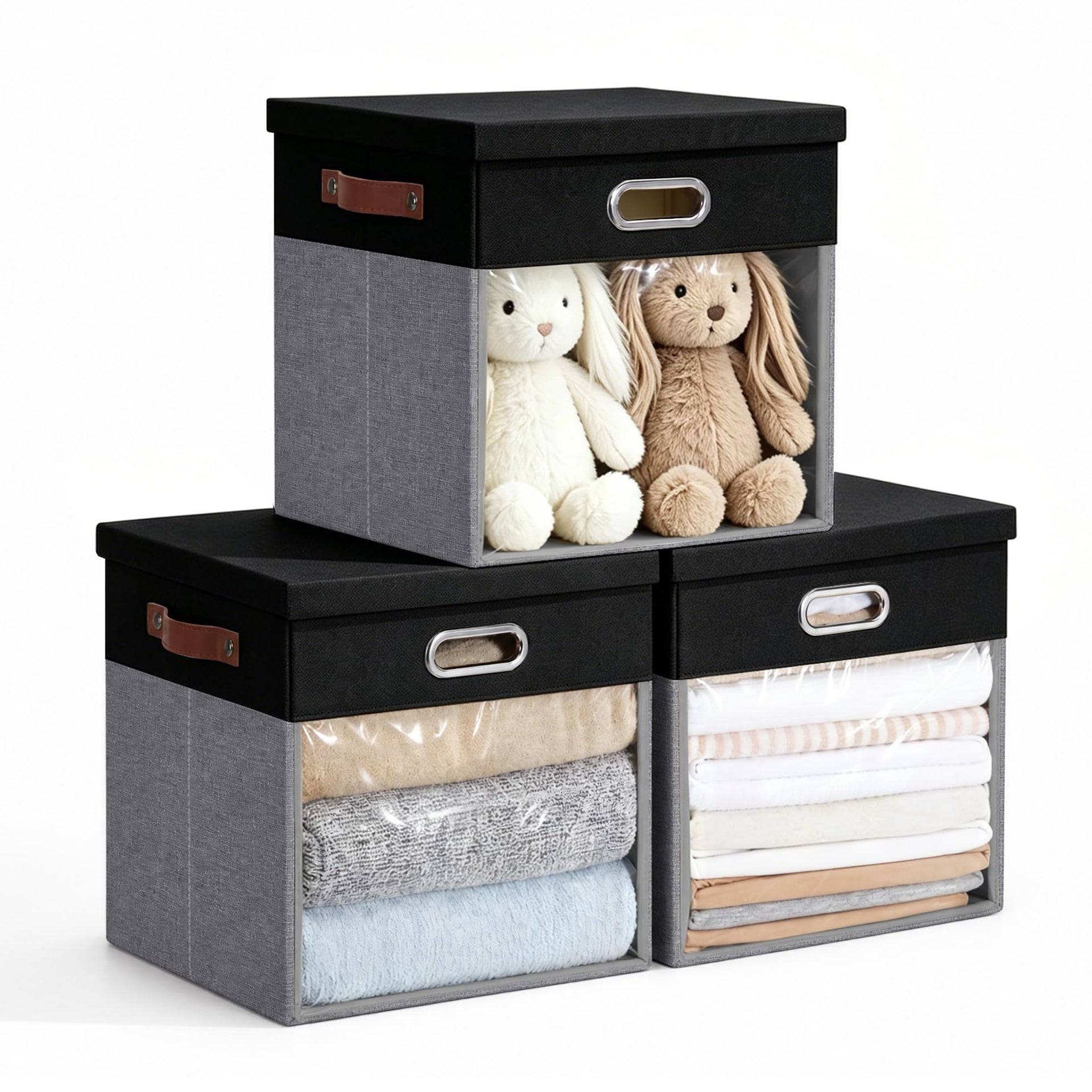 13x13 Inch Ultra Thick Fabric Storage Bins with Lids & Windows (3 Count)