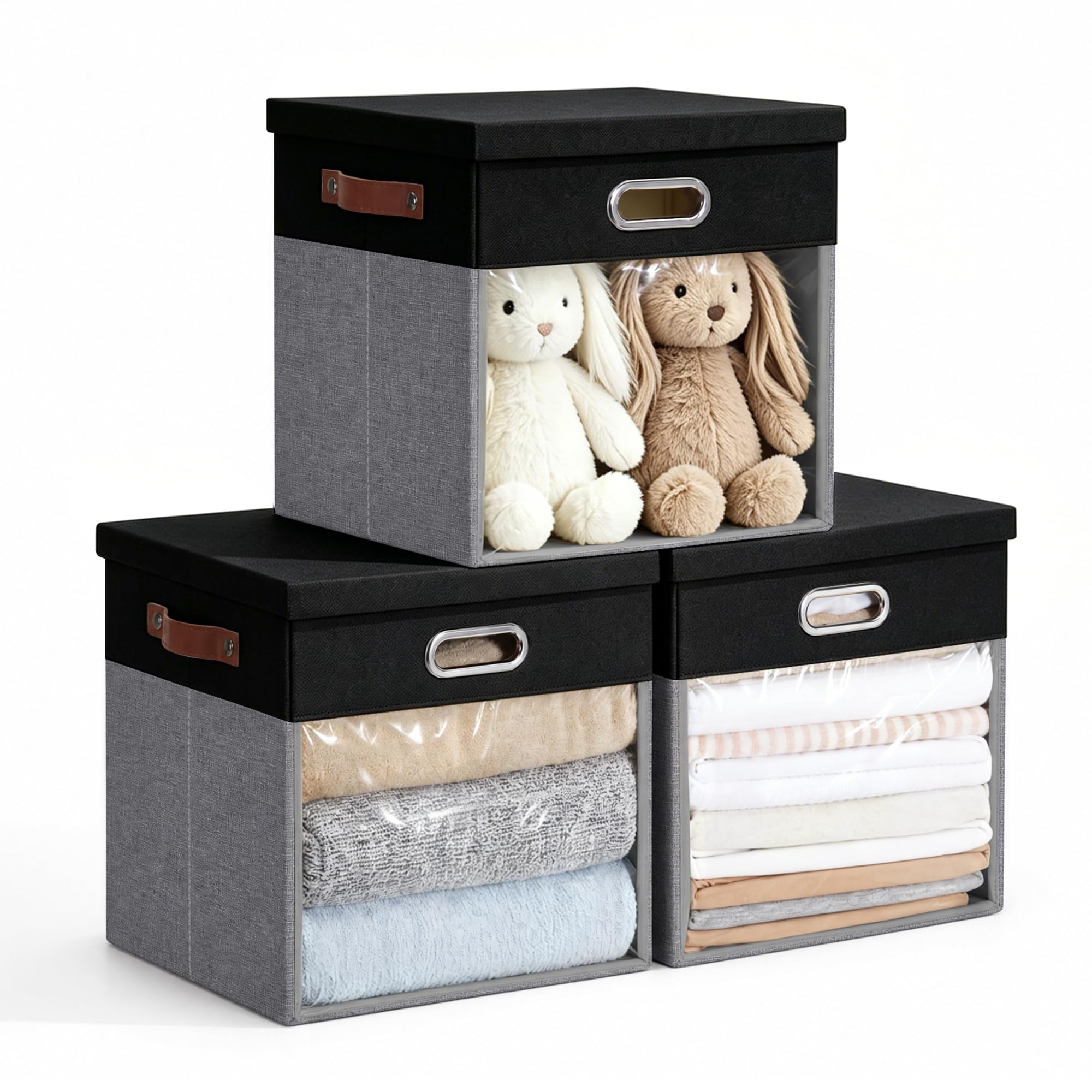 11x11 Inch Ultra Thick Fabric Storage Bins with Lids & Windows (3 Count)