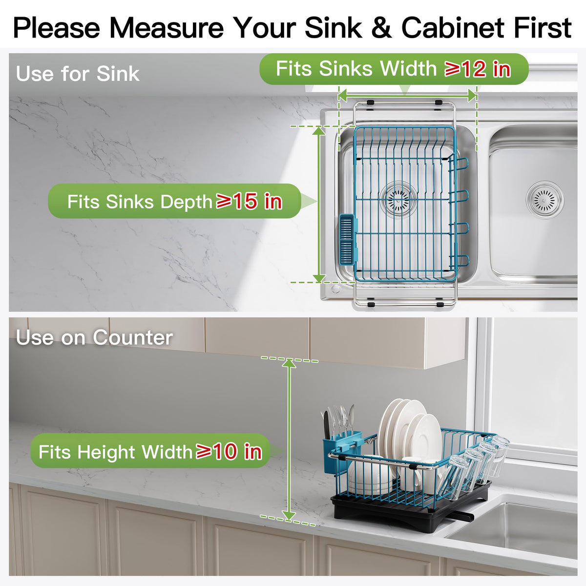 Blue Dish Drying Rack in Sink with Drainboard and Utensil Holder