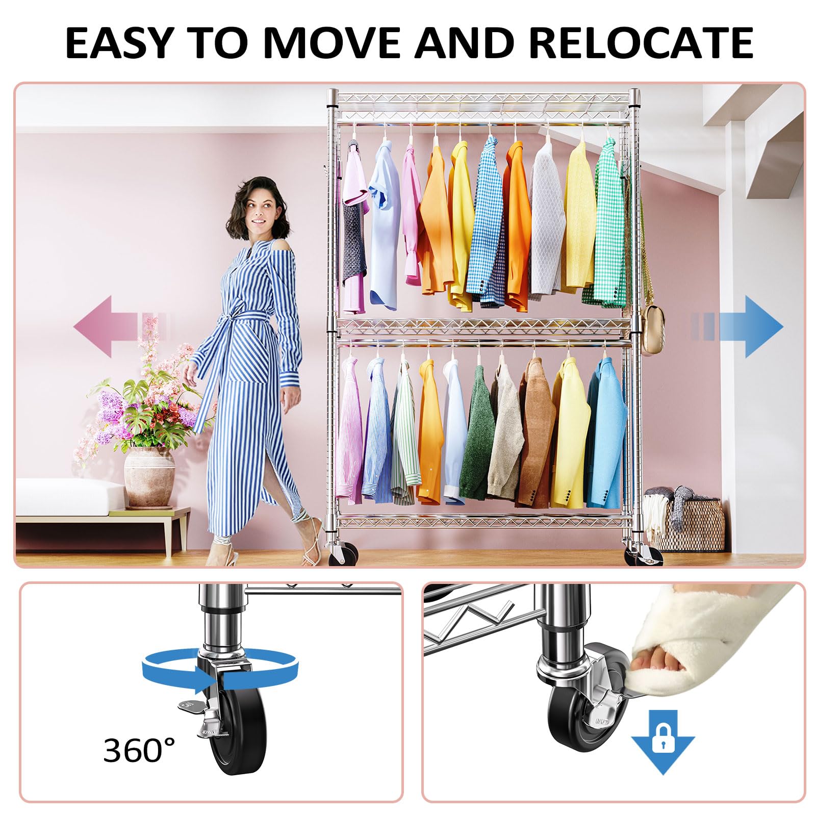 Heavy Duty Rolling Garment Rack Wire Clothes Rack for Hanging Clothes
