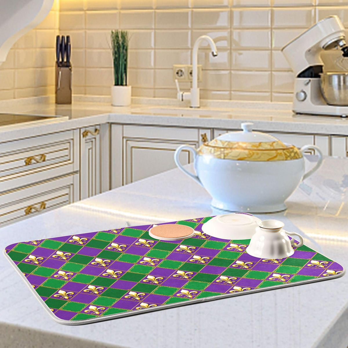 Happy Mardi Gras Purple Green Dish Drying Mat for Kitchen Countertop 18x24 Fleur de Lis Buffalo Plaid Large Drying Mat Reusable Quick Dry Dish Sink Mats Easy Clean Decorative Essentials
