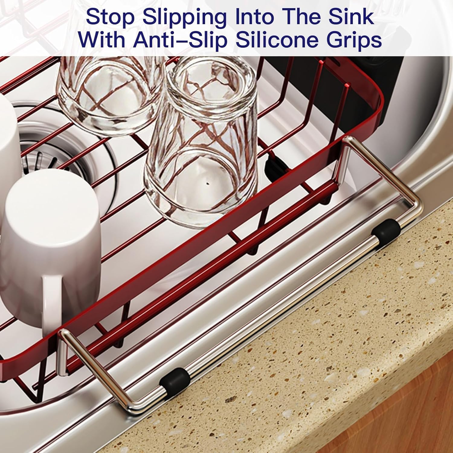 Red Dish Drying Rack Over The Sink with Utensil Holder