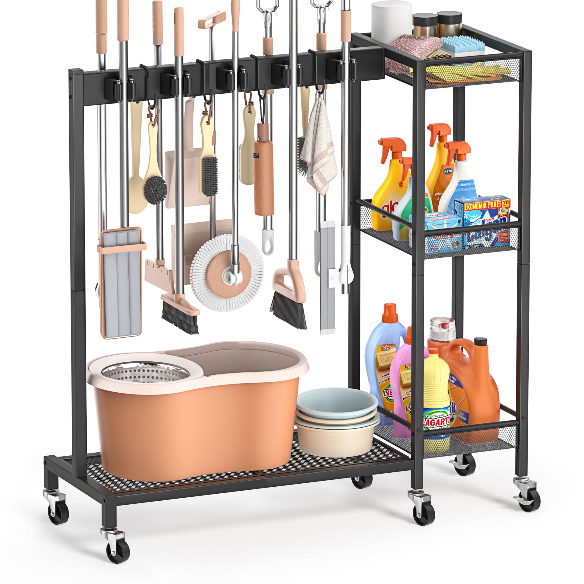 Broom Holder with Cleaning Supplies Organizer