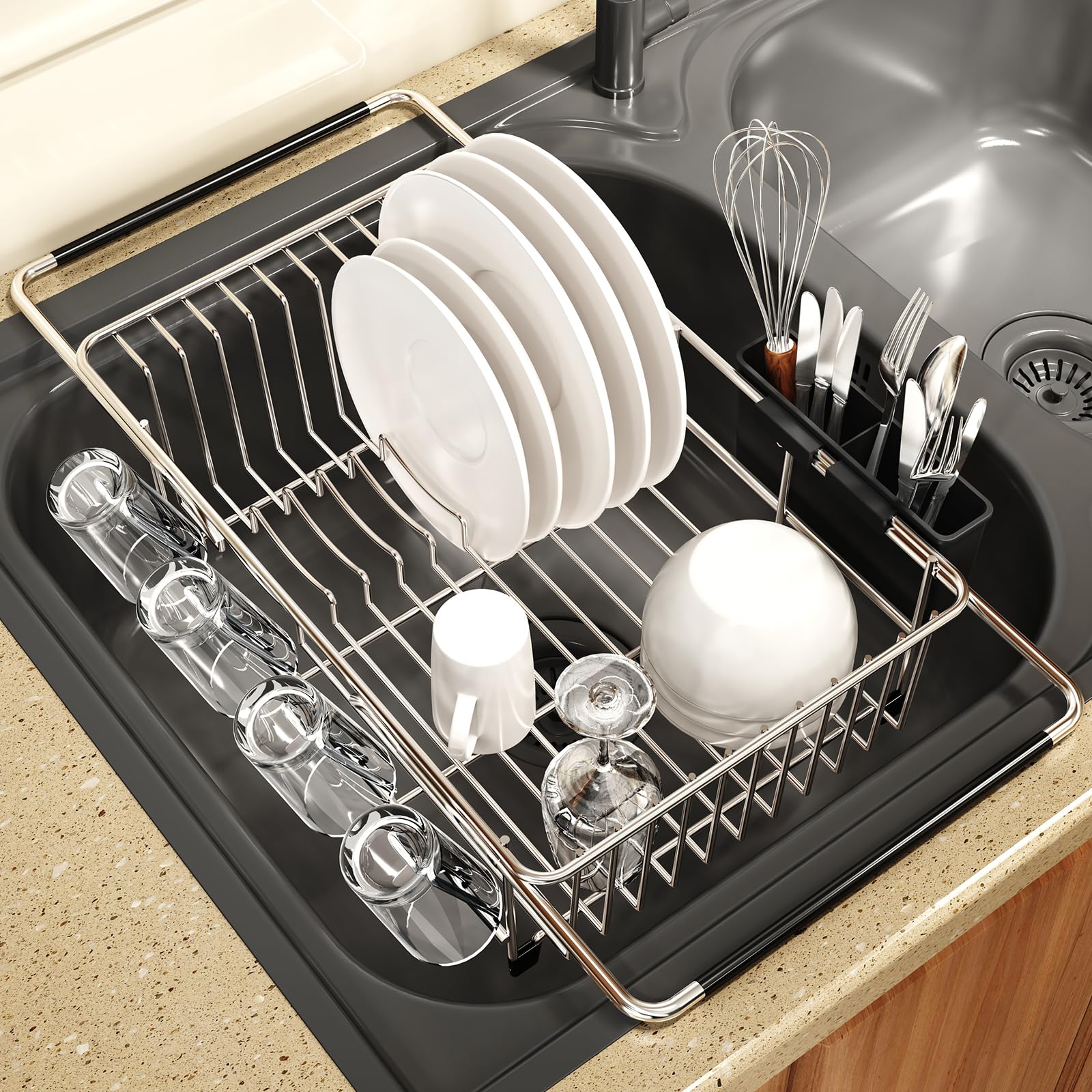 Dish Drying Rack Over The Sink with Adjustable Utensil Holder