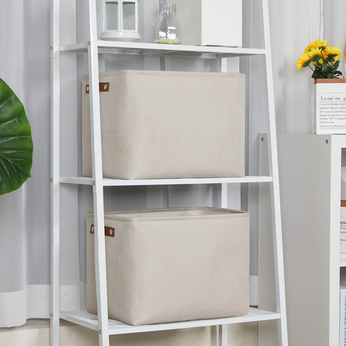 2 Pack Large Storage Baskets for Organizing 16"x12"x12" Canvas Fabric Storage Basket Bins With Leather Handles for Shelf Clothes Empty Gift Basket (2 Count)