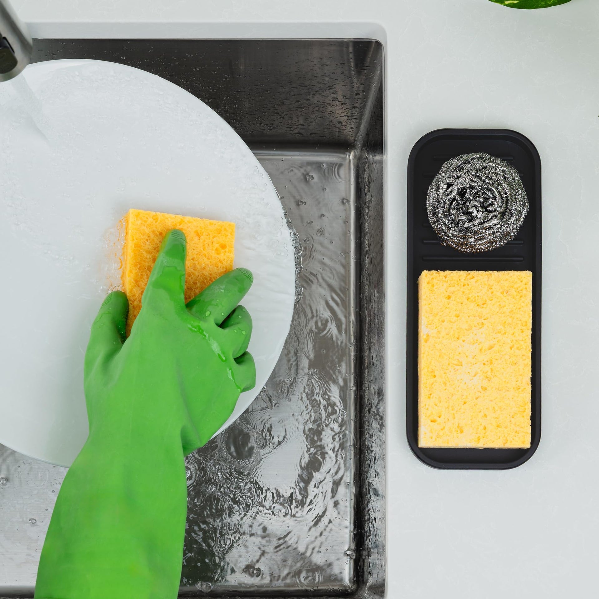 9x3.5) Silicone Sponge Holder for Kitchen Sink - Flexible Multipurpose Soap Tray Sponge Holder - Sink Organizer Tray for, Bathroom, Makeup, Trinkets & More (Black)
