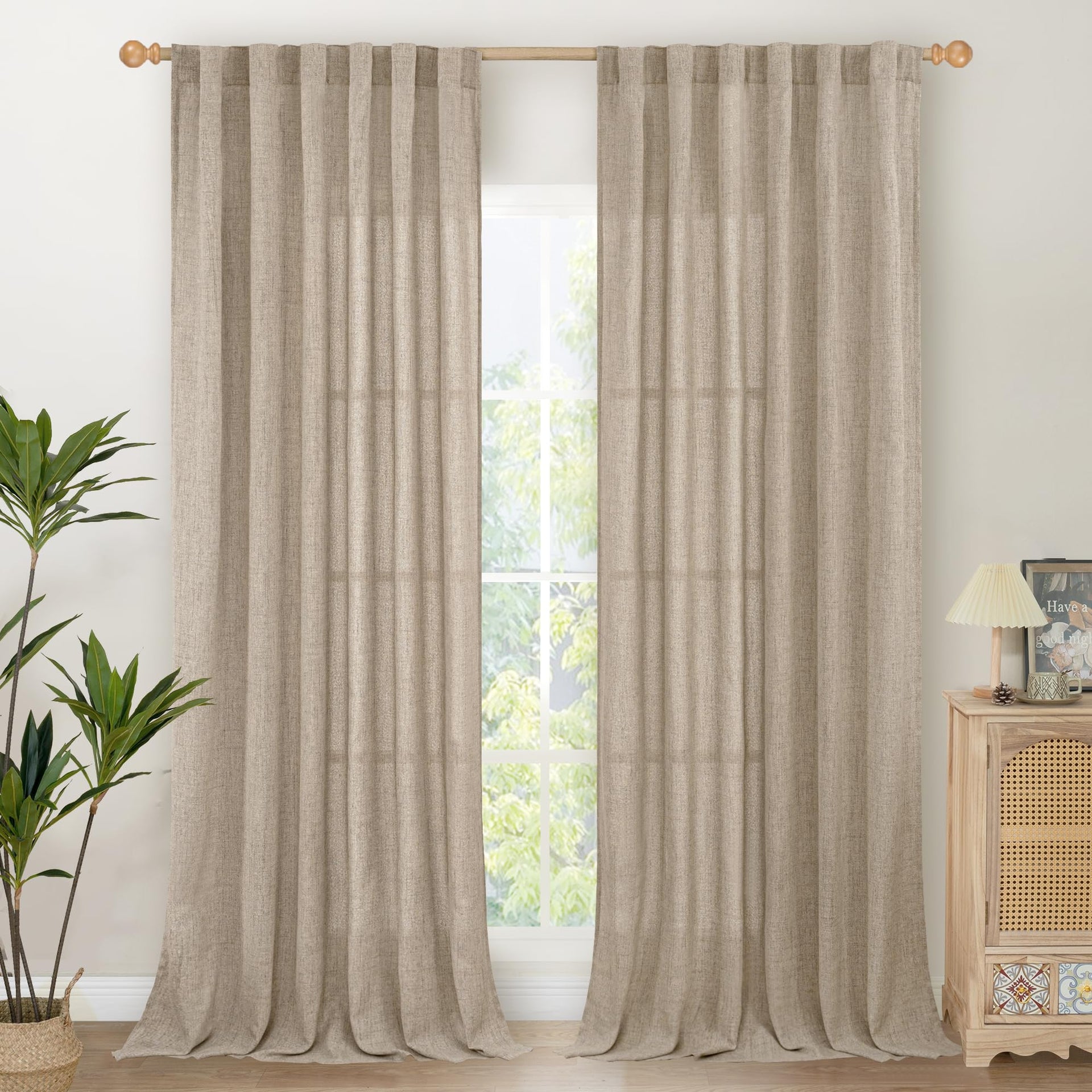 Linen Semi Sheer Curtains 95 Inches Long 2 Panels for Living Room (2 Count)