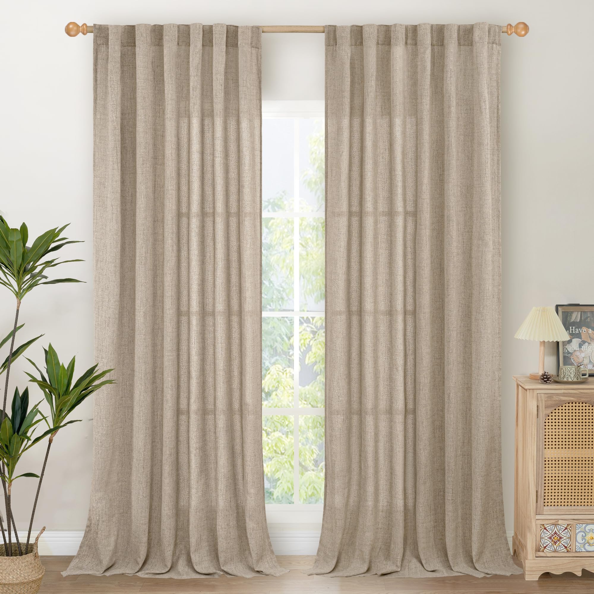 Linen Semi Sheer Curtains 95 Inches Long 2 Panels for Living Room (2 Count)