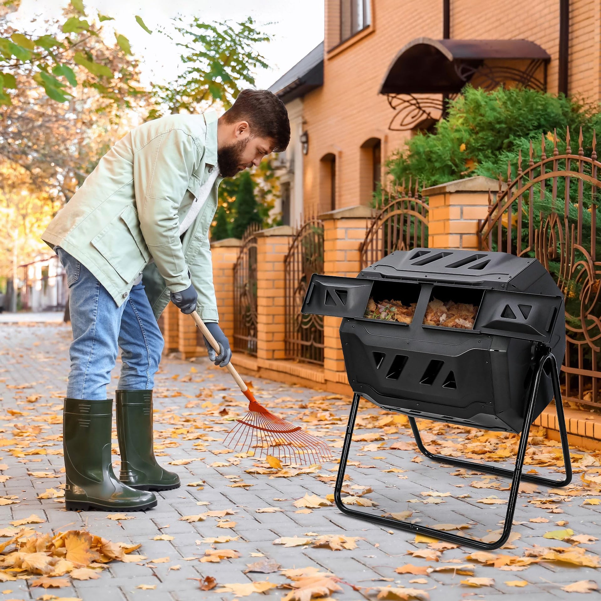 43 Gallon Compost Tumbler Bin Composter Dual Chamber BPA Free Compost Bin Outdoor Rotating Garden Yard Waste Bins