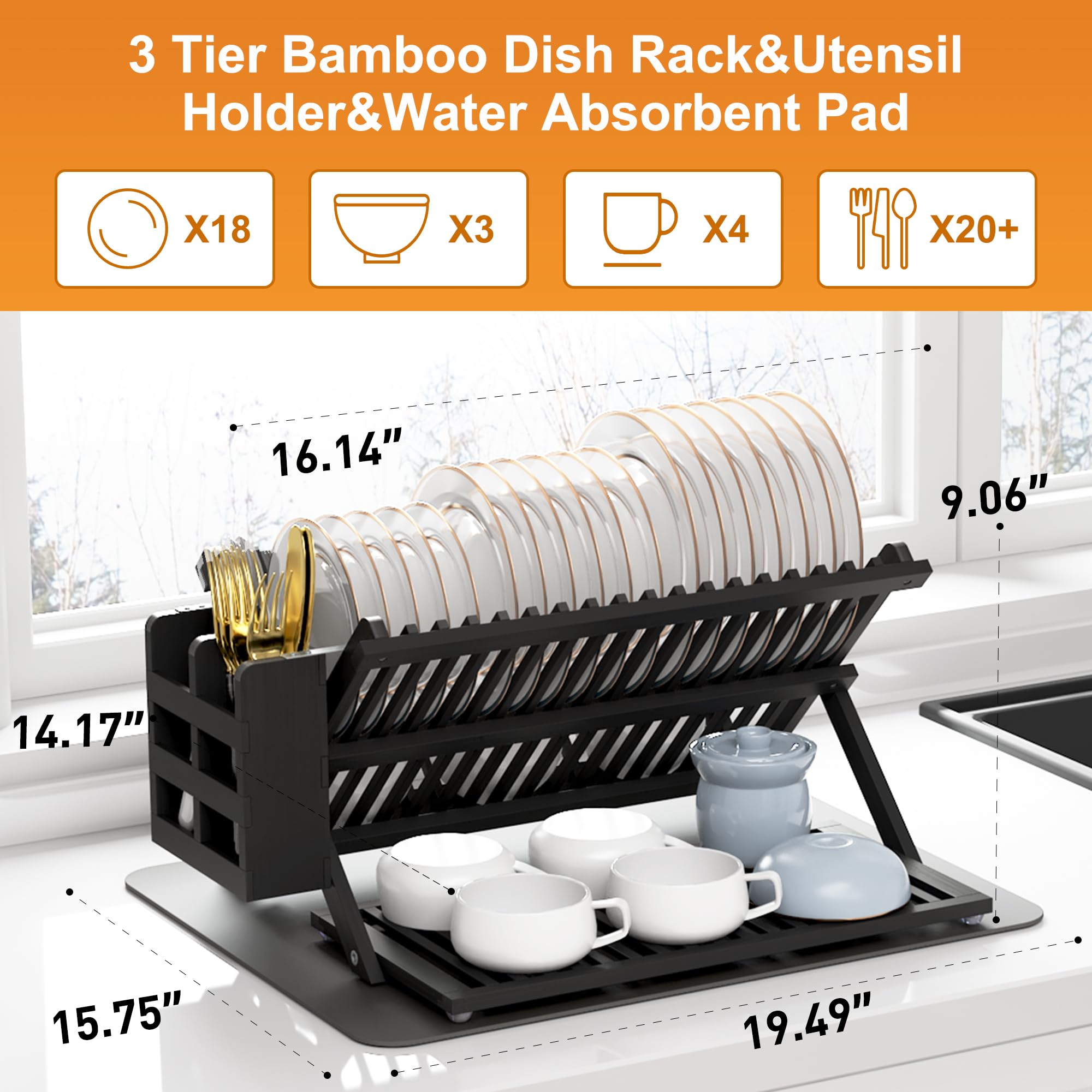 Black Bamboo Dish Drying Rack with Utensil Holder
