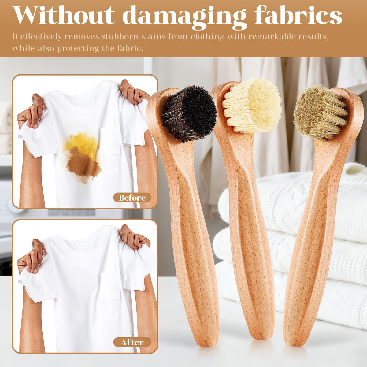 3 Pcs Wooden Laundry Stain Brush Stain Remover Dauber Brushes with Round Head Boar Bristle Small Stain Brush for Clothes for Scrubbing Stains from Furniture Fabric Leather (3 Count)