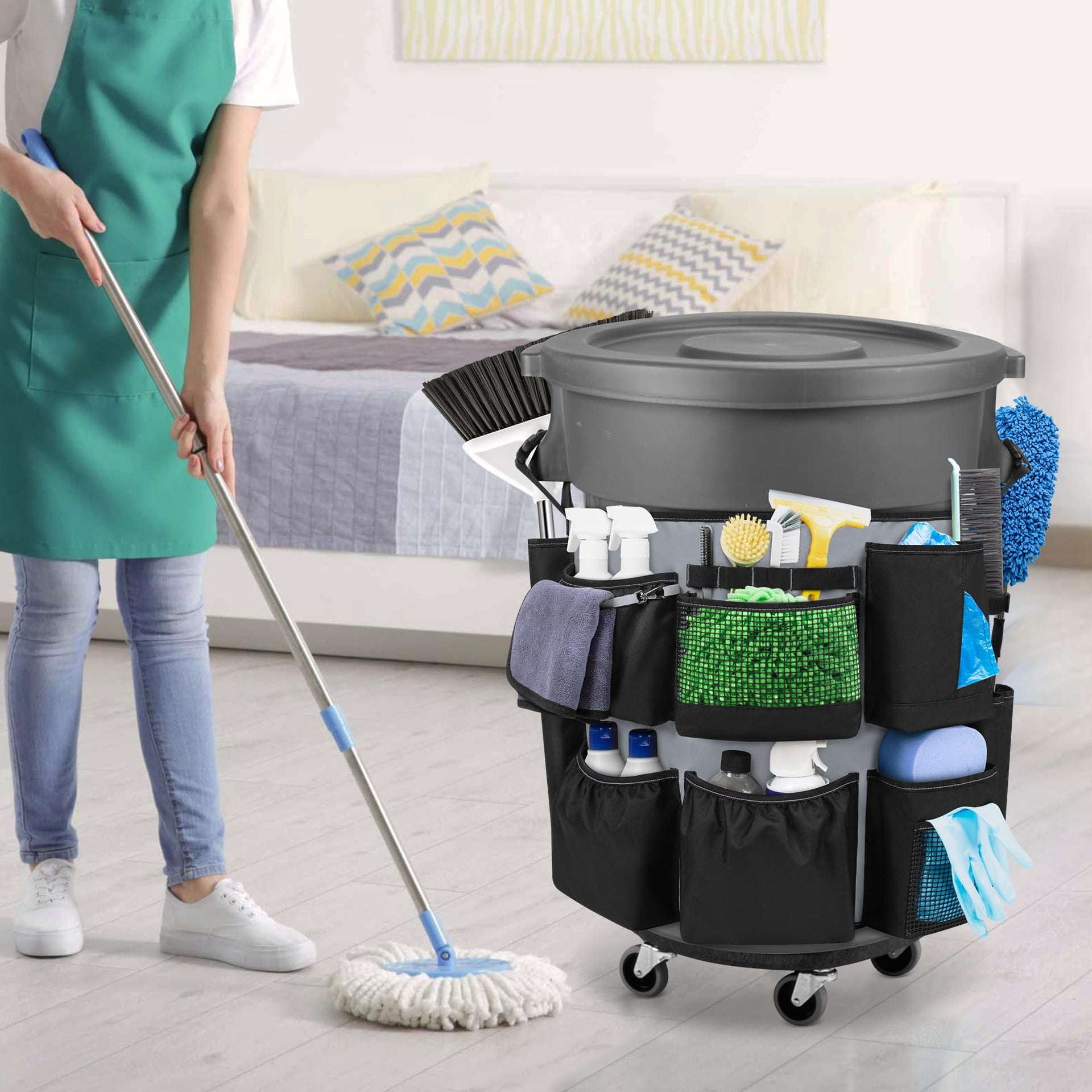 32 55 Gallon Trash Can Caddy Bag with Multi Pockets for Clean Tools