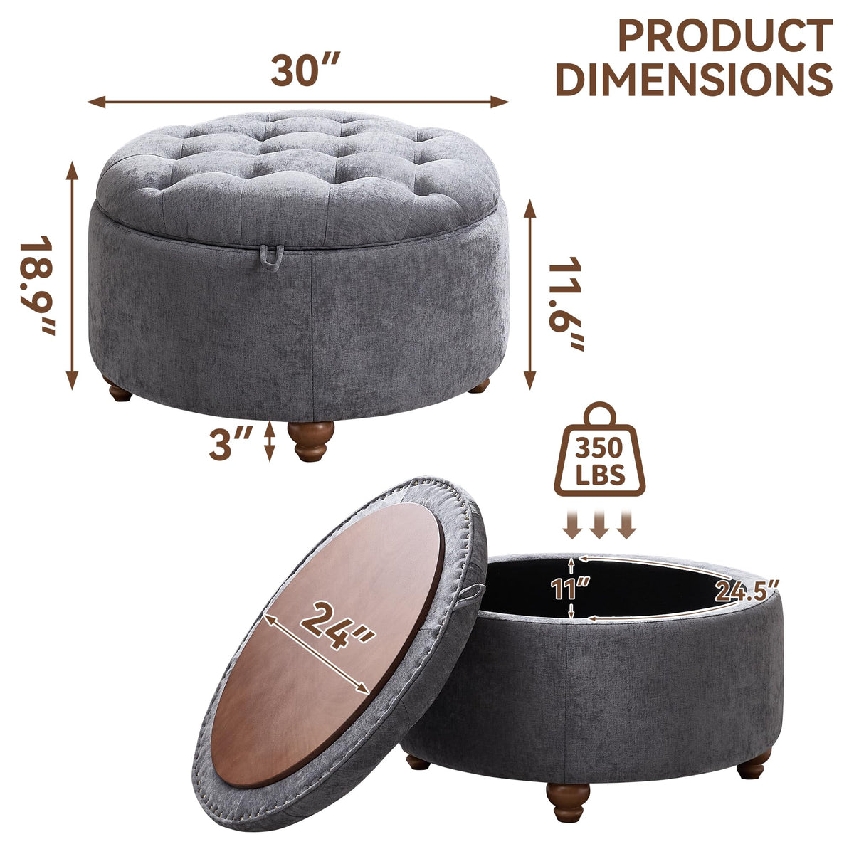 30Inch Round Storage Ottoman with Tray