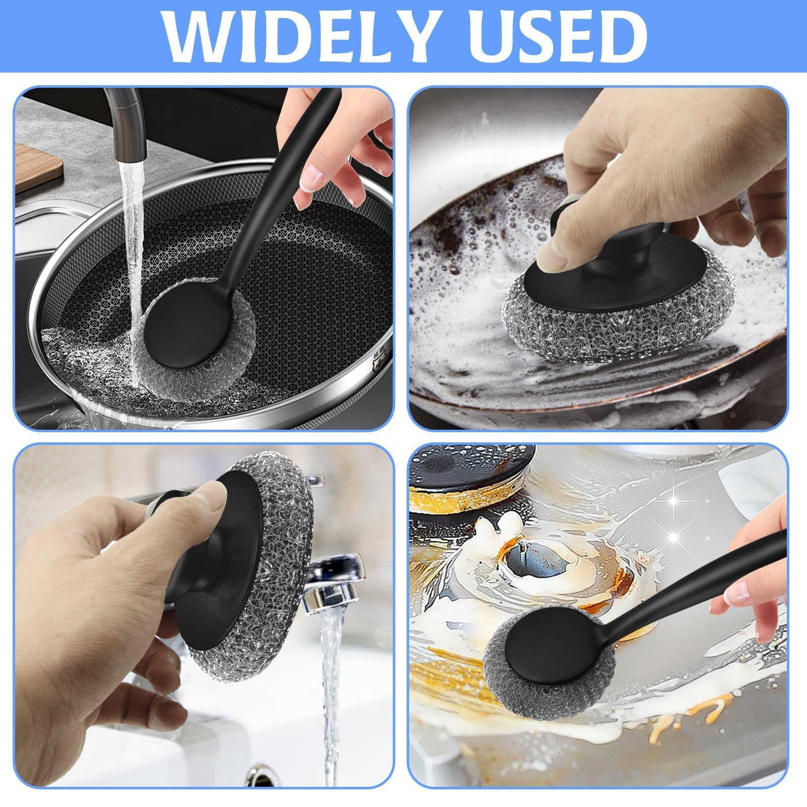 Scrubber with Handle Comes with Three Replacement Balls Steel Wool