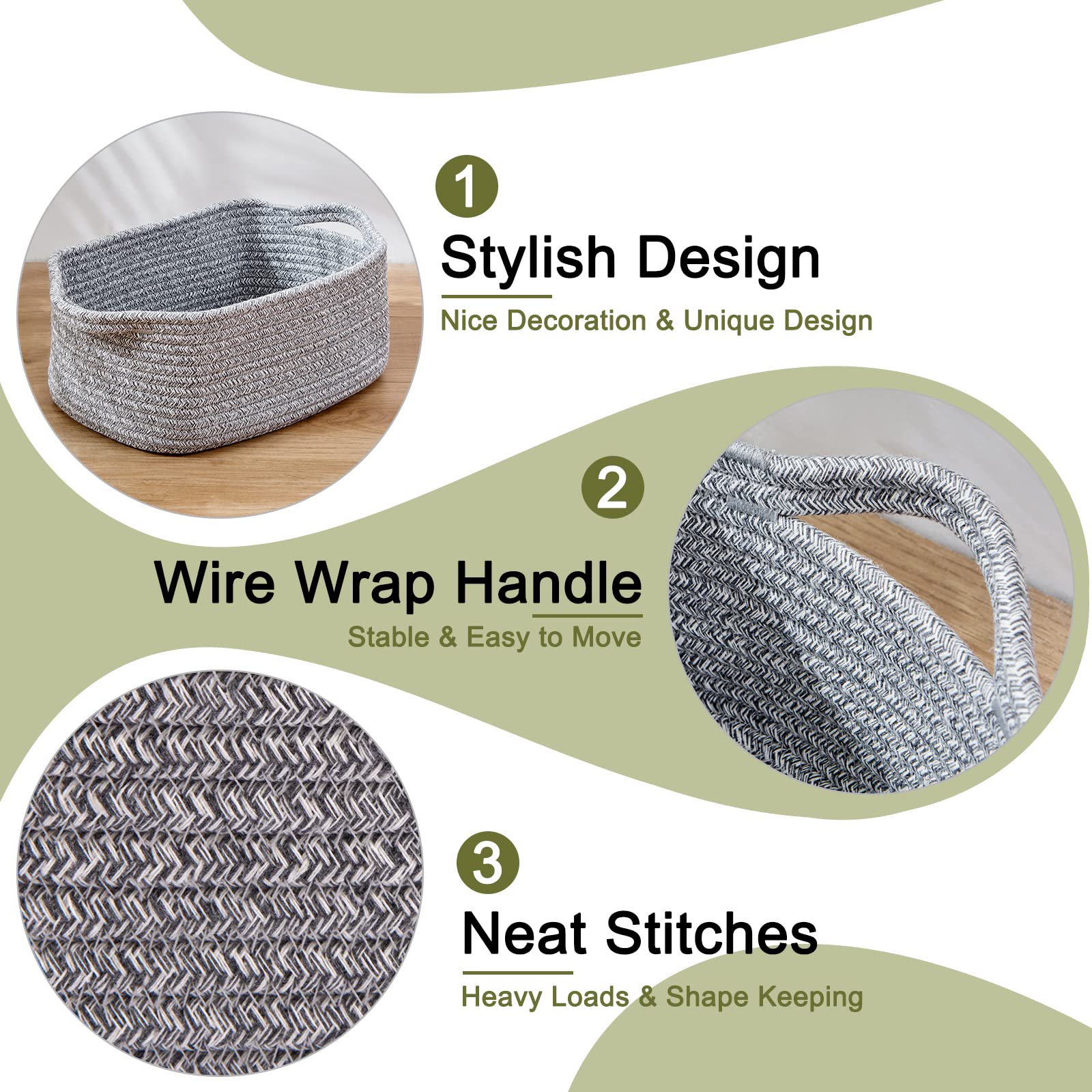 3 Pack Storage Baskets for Shelves Cotton Rope Storage Bins Grey (3 Count)