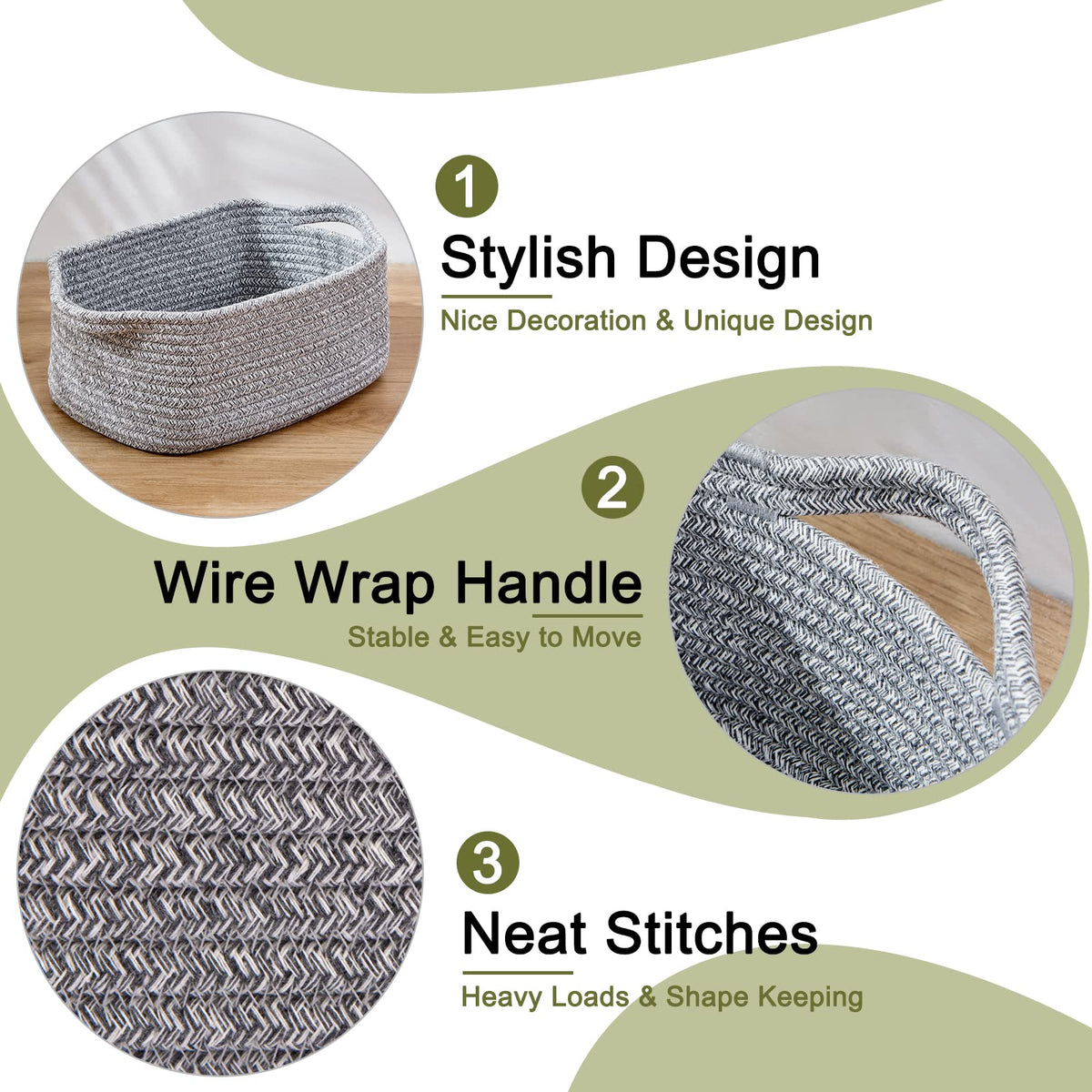 3 Pack Storage Baskets for Shelves Cotton Rope Storage Bins Grey (3 Count)