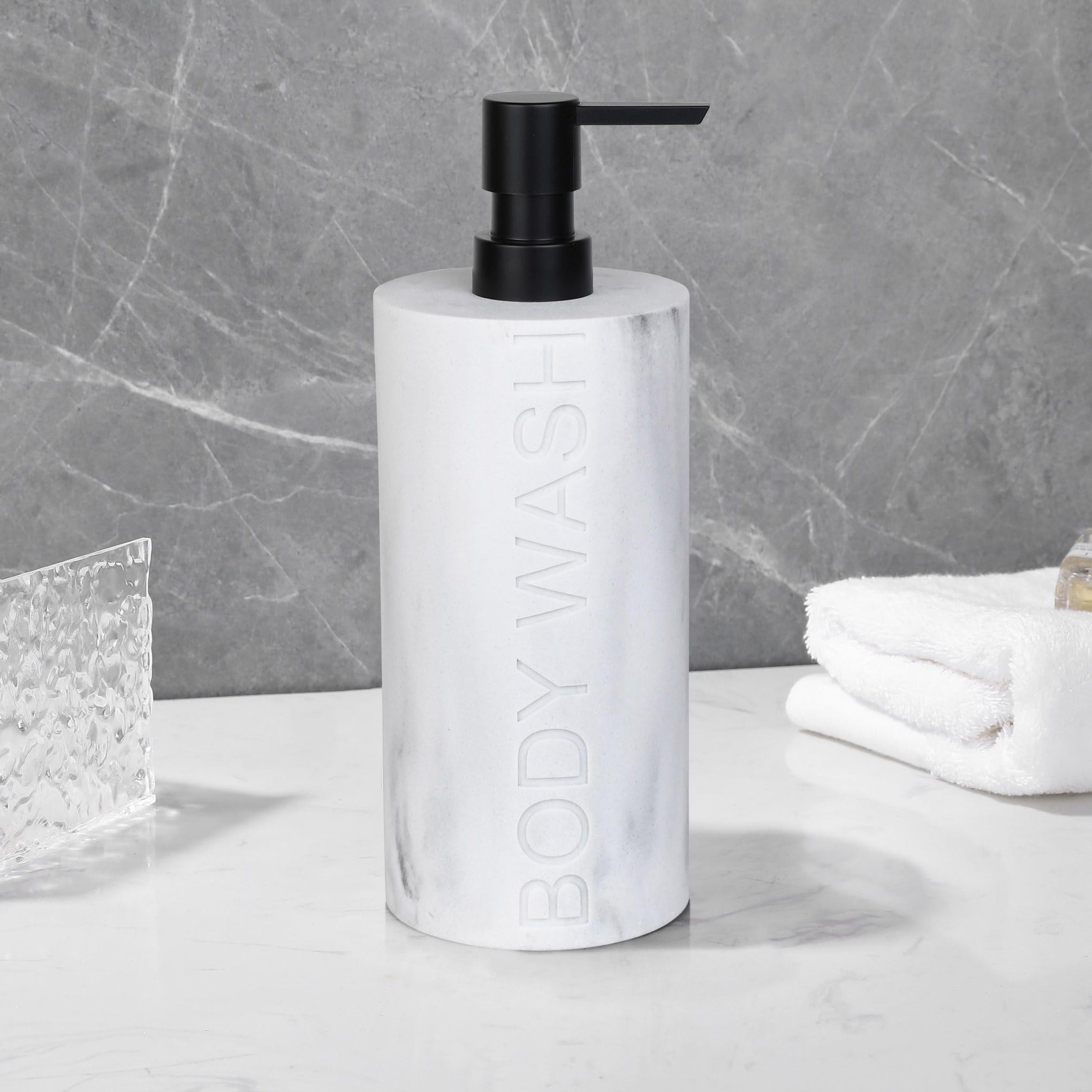 Resin White Marbled Body Wash Engraved Bottle Refillable Pump Dispenser