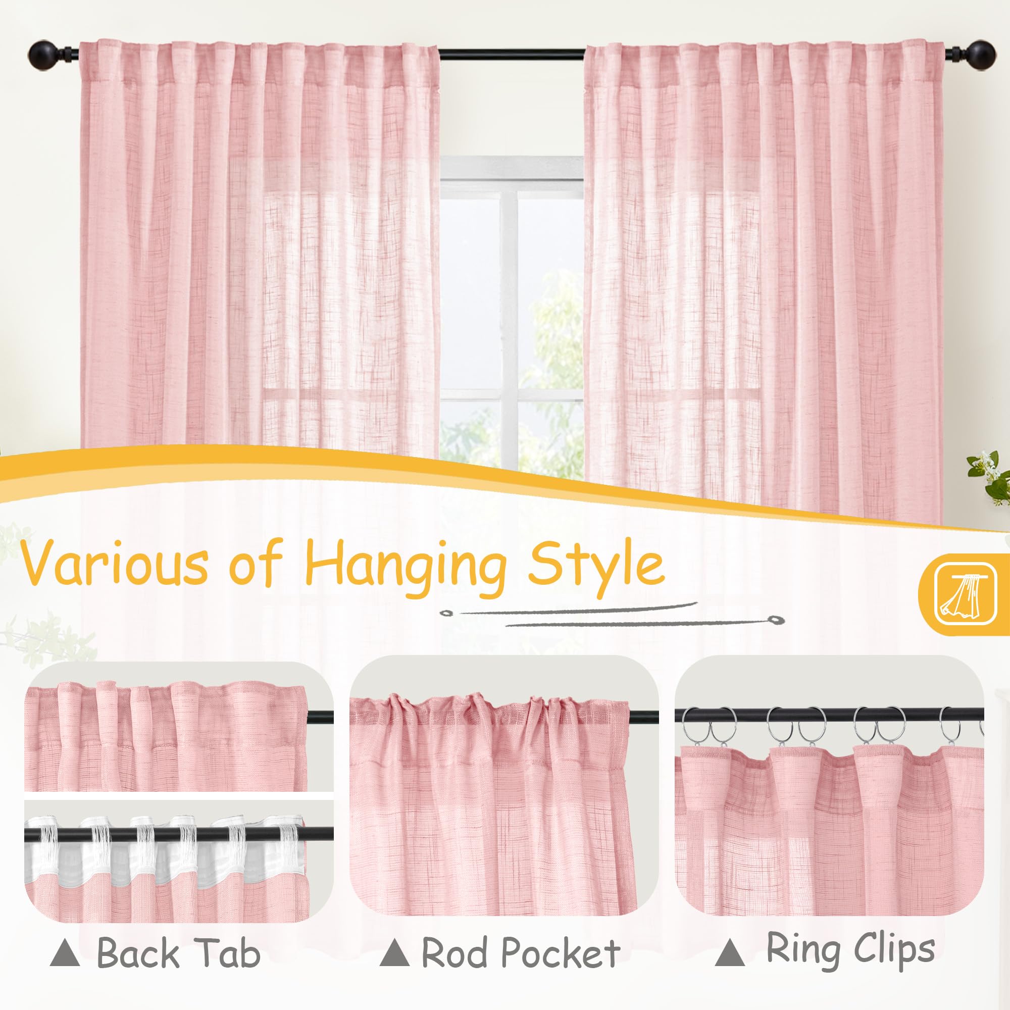 Light Pink Linen Semi Sheer Curtains 63 Inch Length for Living Room (2 Count)