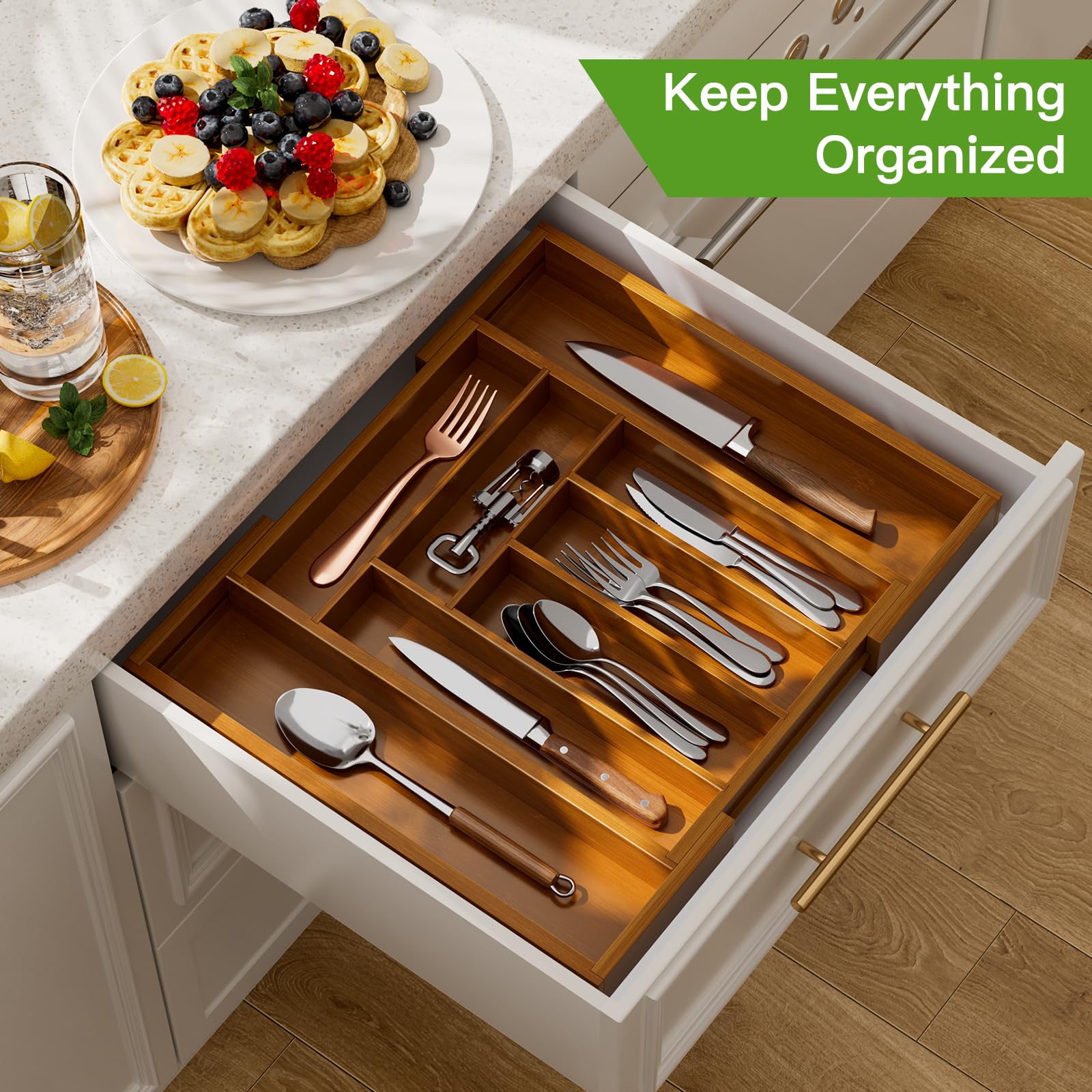 Bamboo Expandable Drawer Organizer for Utensils Holder