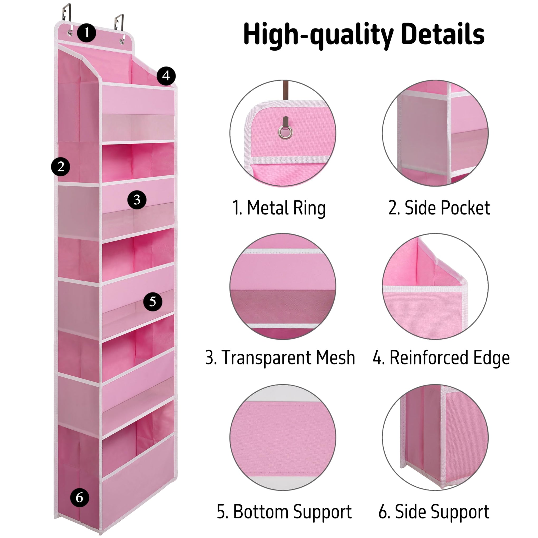 Pink Over Door Organizer with 5 Large Clear Pockets and 6 Side Mesh Pockets