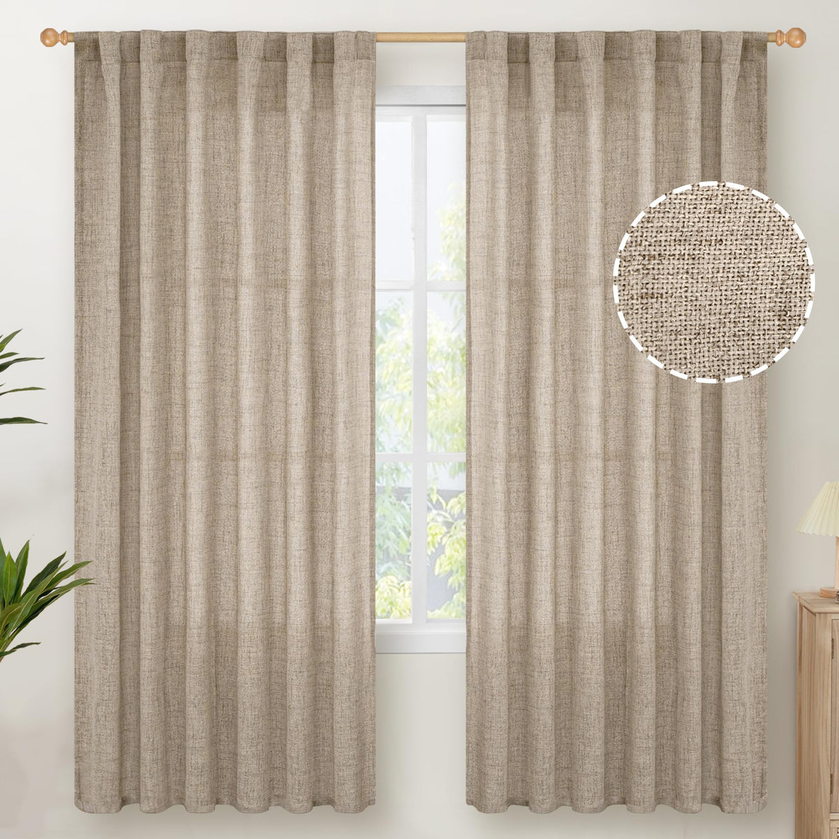 Dark Oatmeal Linen Semi Sheer Curtains 72 Inches Long 2 Panels (2 Count)