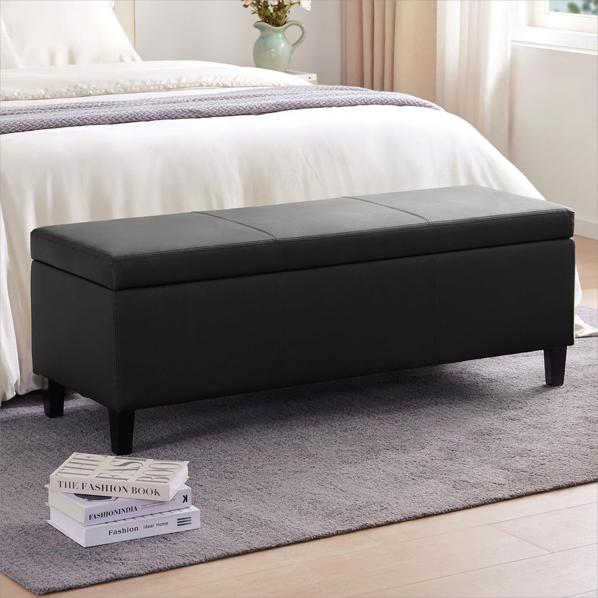 Faux Leather Storage Ottoman Bench 50.3 Inch Extra Long PU Upholstered Bedroom Bench with Large Storage Space for the Living Room