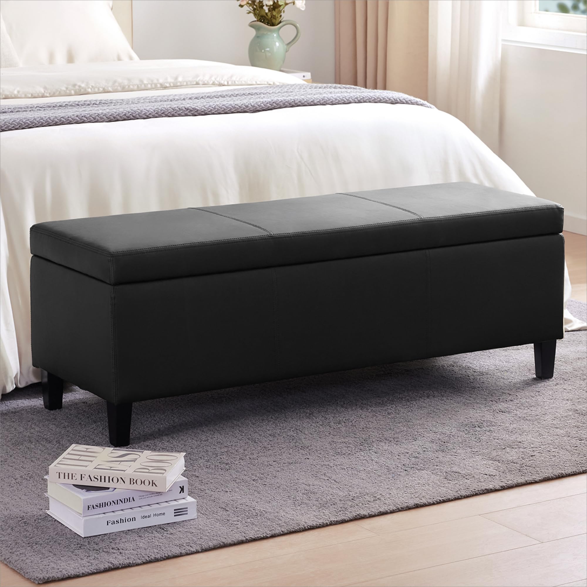 Faux Leather Storage Ottoman Bench 50.3 Inch Extra Long PU Upholstered Bedroom Bench with Large Storage Space for the Living Room