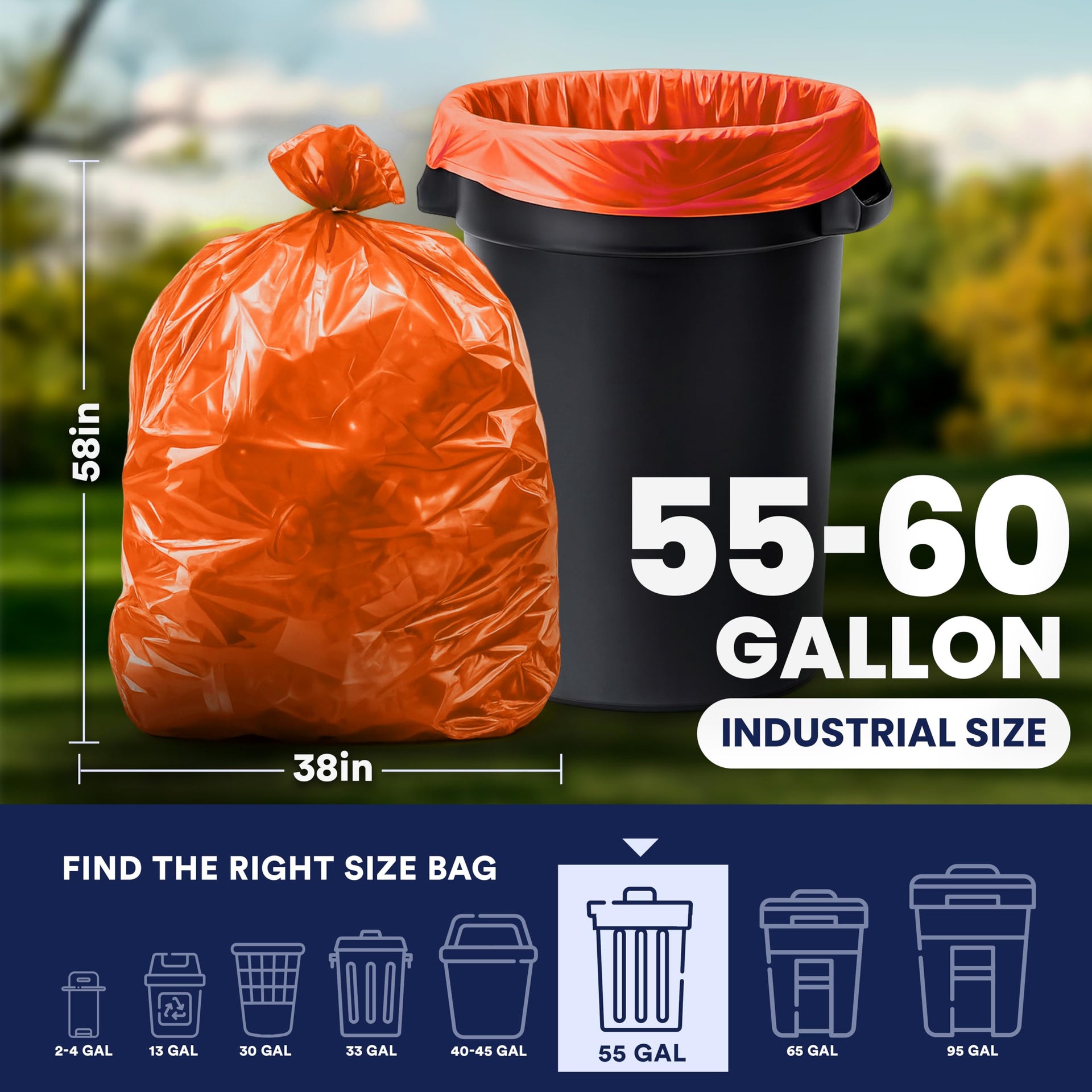 55 60 gallon Trash Bags │ 1.2 Mil │ Orange Heavy Duty Garbage Can Liners │ 38” x 58” (50 Count)