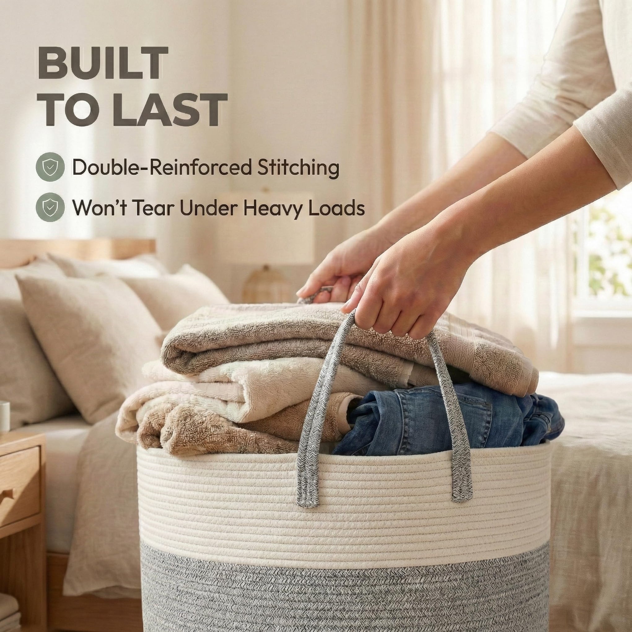 65L Extra Large Machine Washable Cotton Rope Blanket Basket