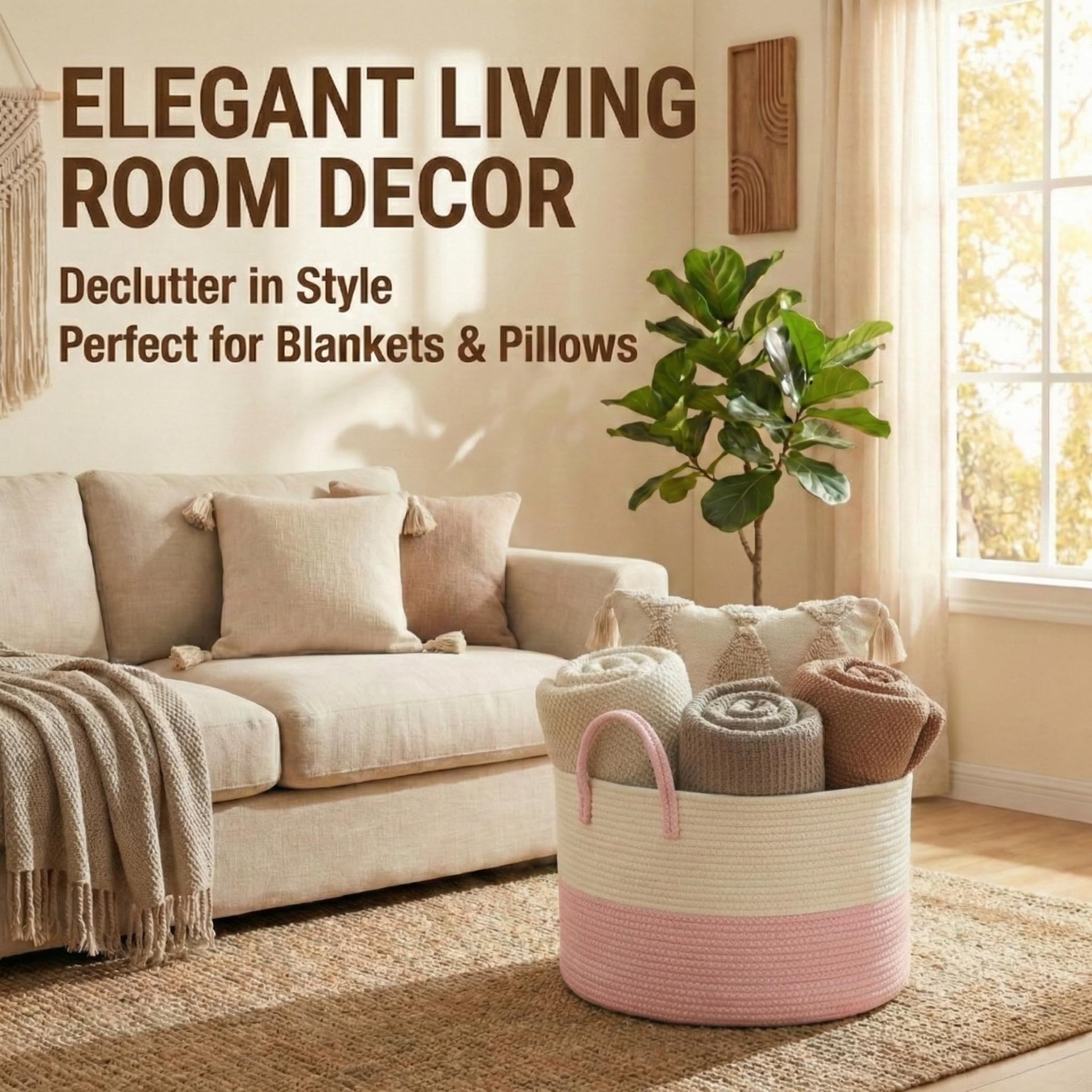 65L Extra Large Machine Washable Cotton Rope Blanket Basket