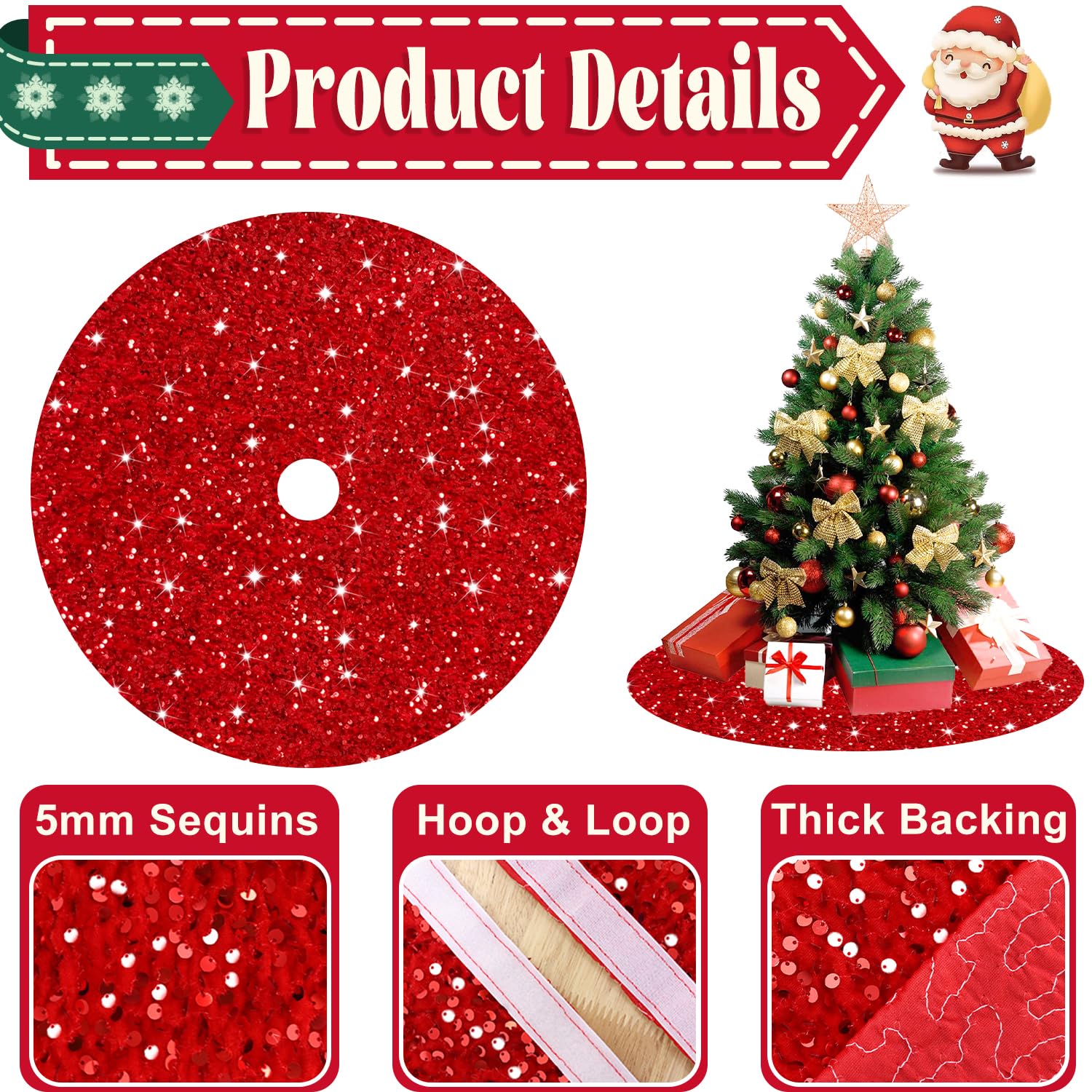 Christmas Tree Skirt Red Glitter Tree Skirt 36 Inch Sequin Xmas Tree Skirts Velvet Christmas Tree Mat Rustic Metallic Sparkle Tree Skirts Cover for Xmas Party New Year Holiday Decoration