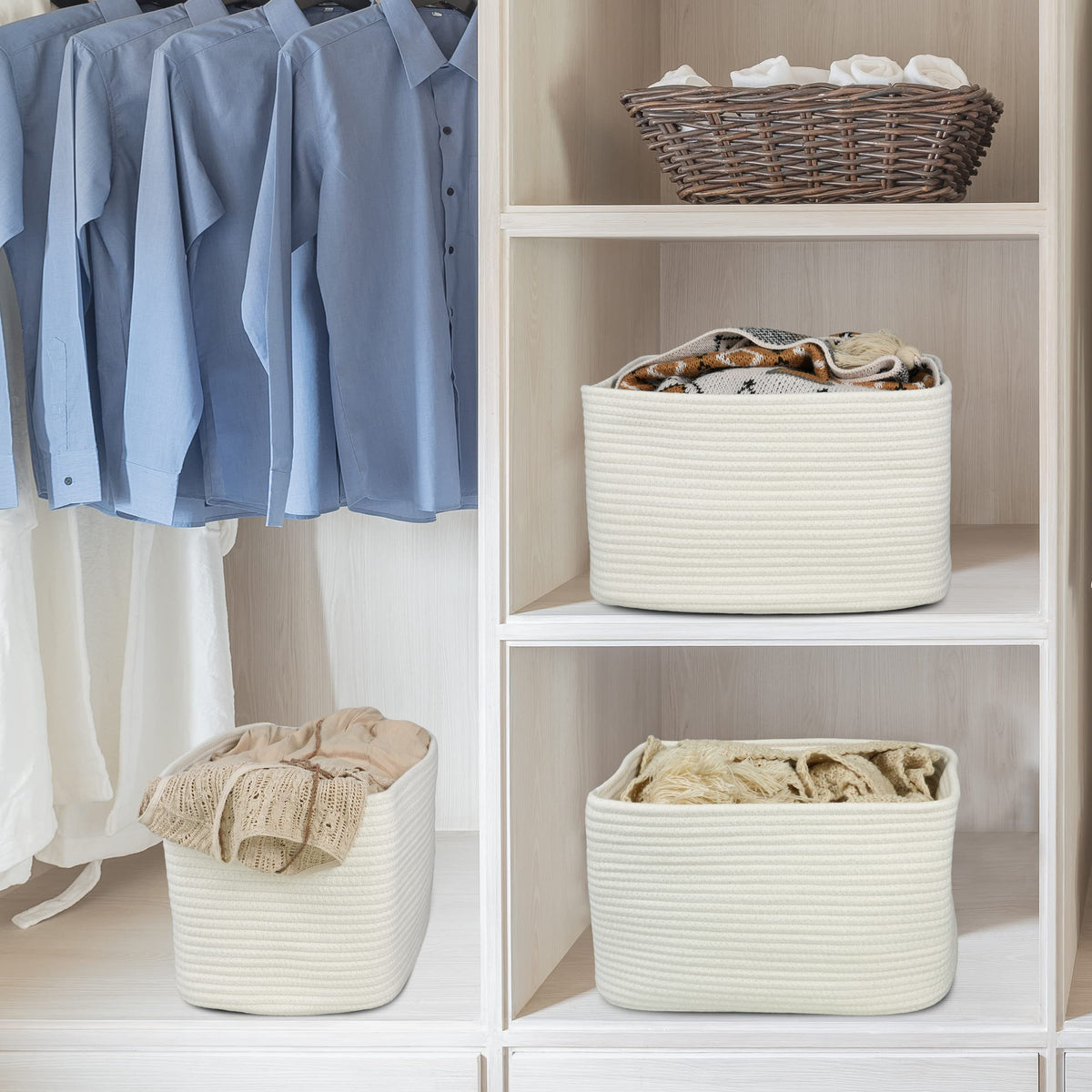Woven Cotton Rope Storage Baskets 15x10x9.3" 3 Pack White