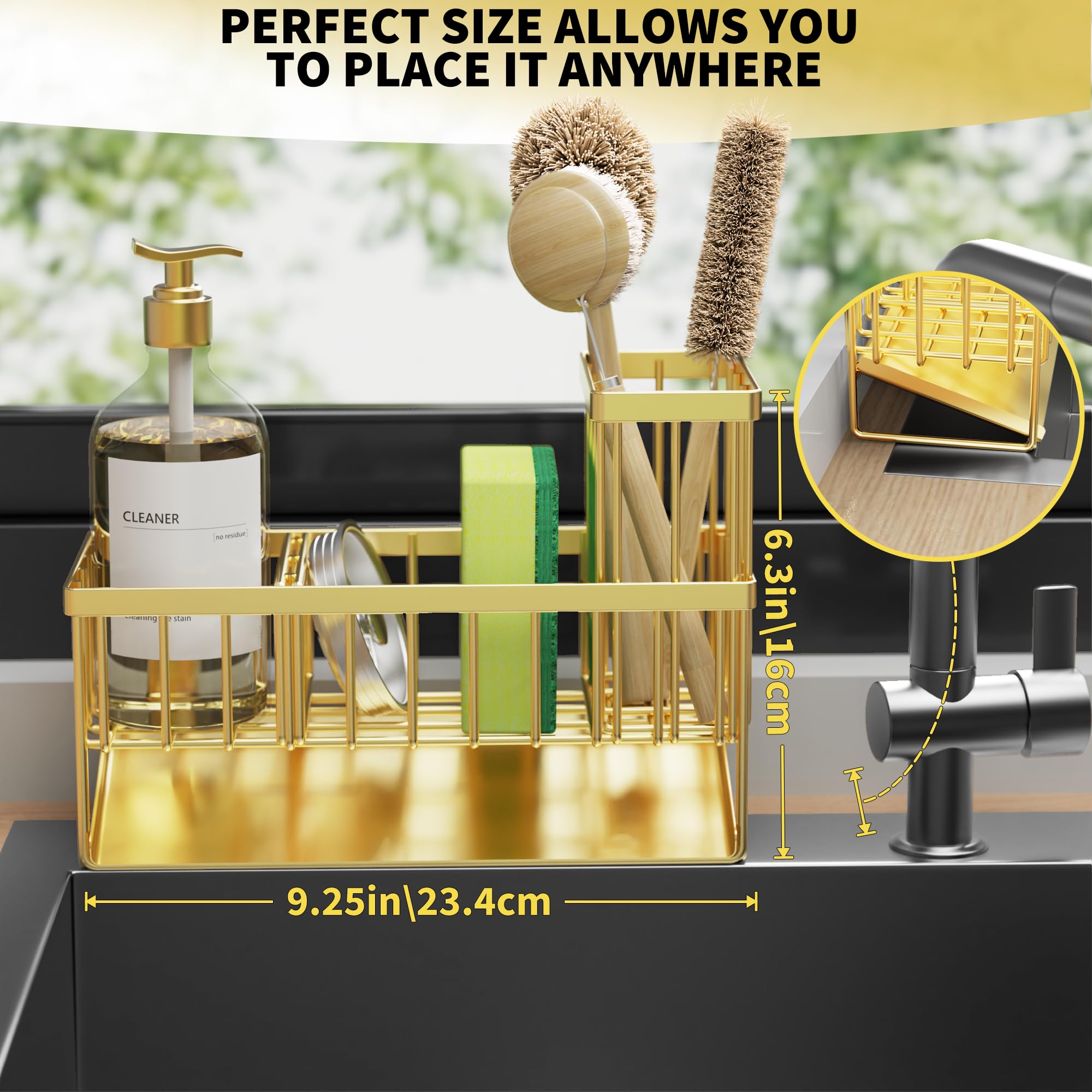 Gold Kitchen Sink Caddy Organzier with High Brush Holder