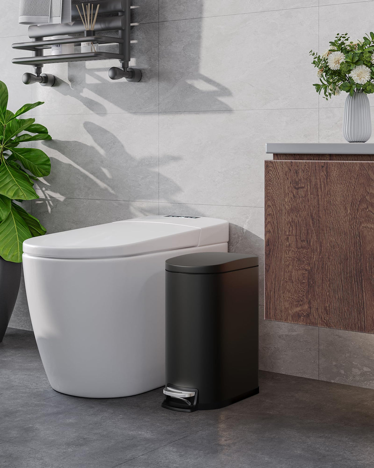 13 gal (50 L) and 2.6 gal (10 L) Metal Trash Can Combo Set, Rustproof Garbage Can with Lid, Step-on Trash Bin with Inner Bucket, Rear Handle, Black