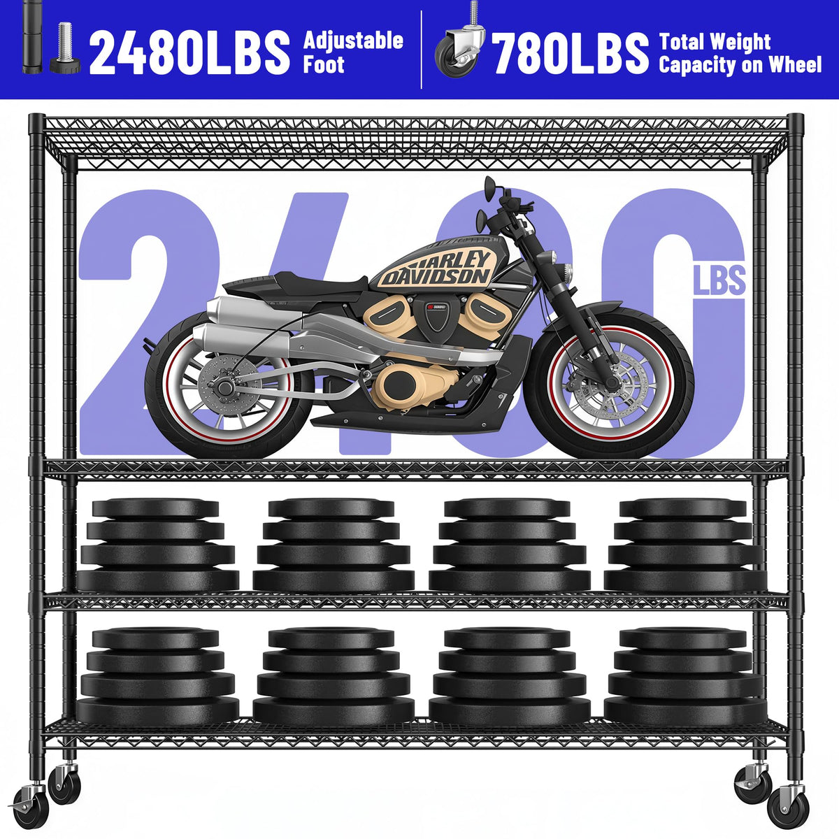 75.62" H Storage Shelves 2480LBS Garage Shelving with Wheels Heavy Duty Metal Shelving for Storage Adjustable Pantry Shelf for Kitchen Garage Commercial (2 Count)
