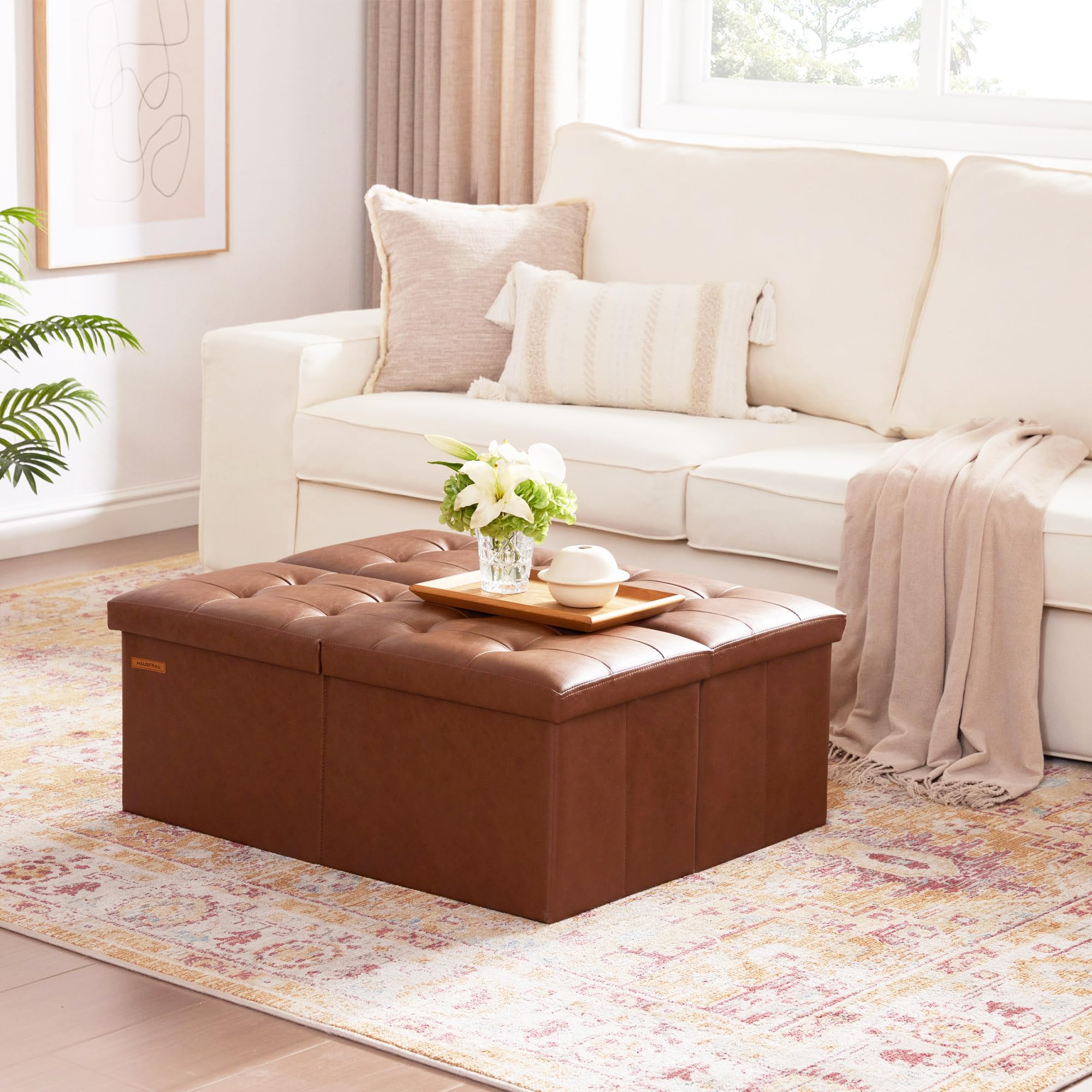 Ottoman with Storage Bench Folding Foot Rest Stool Retro Brown