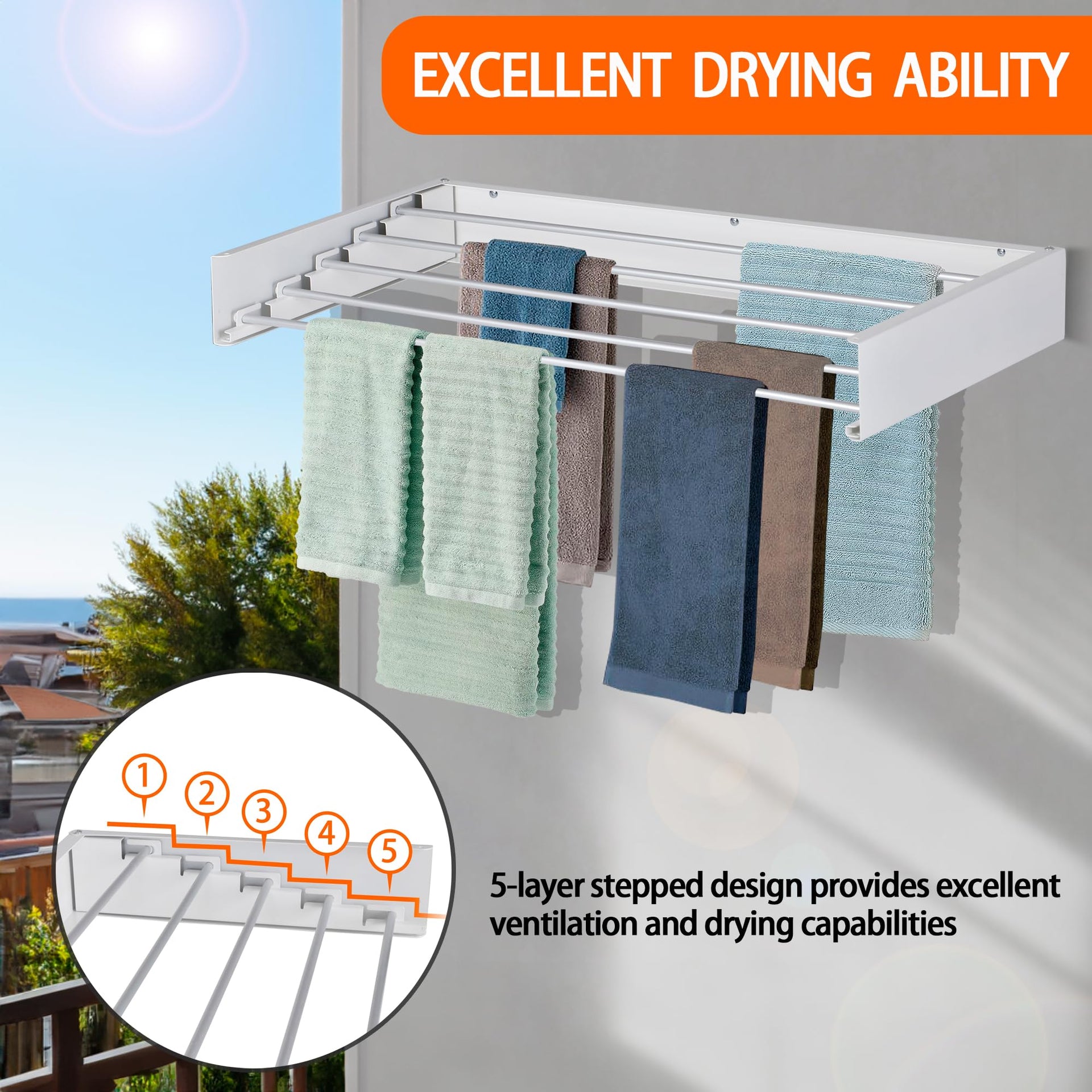 Laundry Drying Rack Wall Mounted Clothes Drying Rack Collapsible with 5 Aluminum Rods and Drilling Template Long Screwdriver Bit 60 lbs Capacity