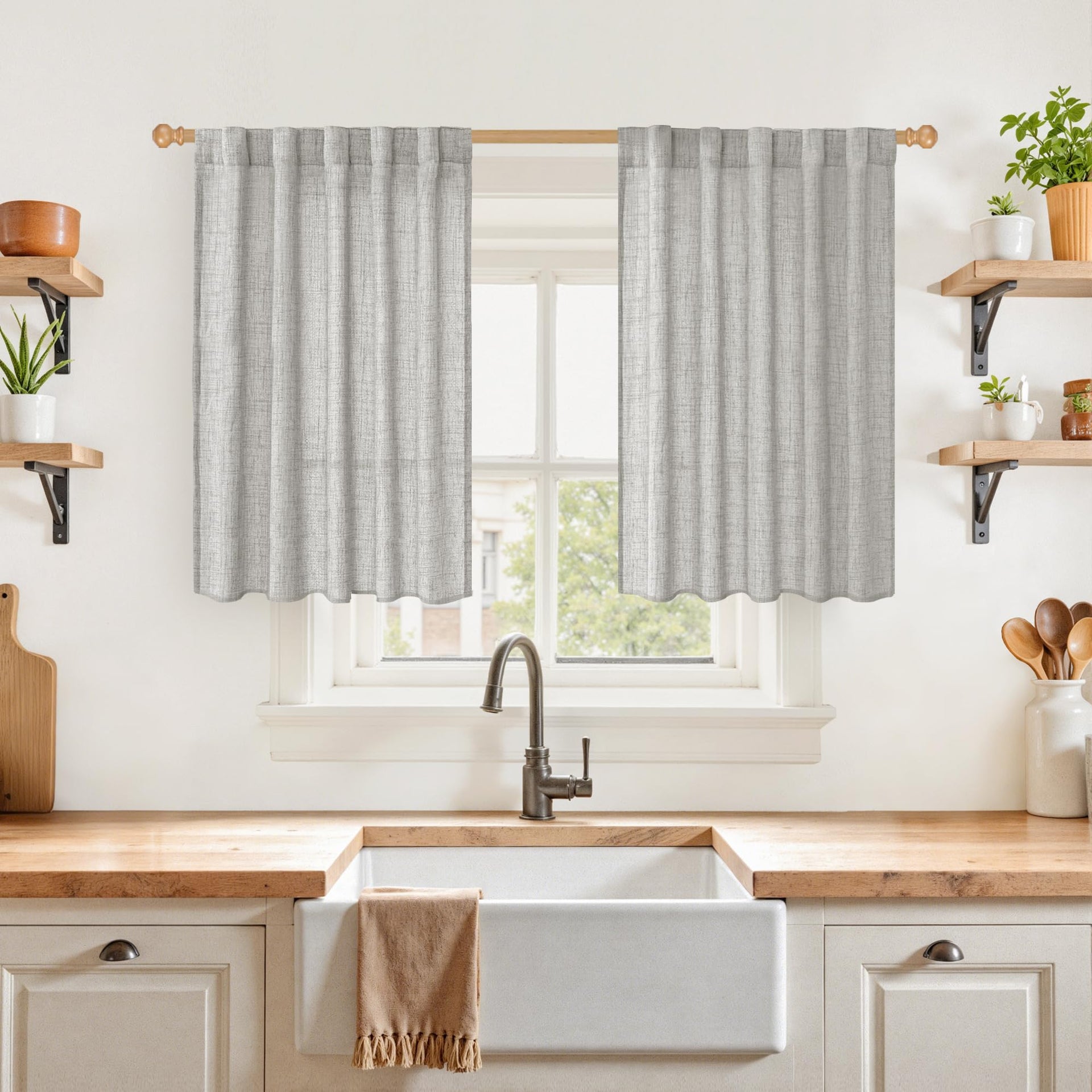 Grey Linen Semi Sheer Curtains 36 Inch Length Kitchen Winow Sink (2 Count)