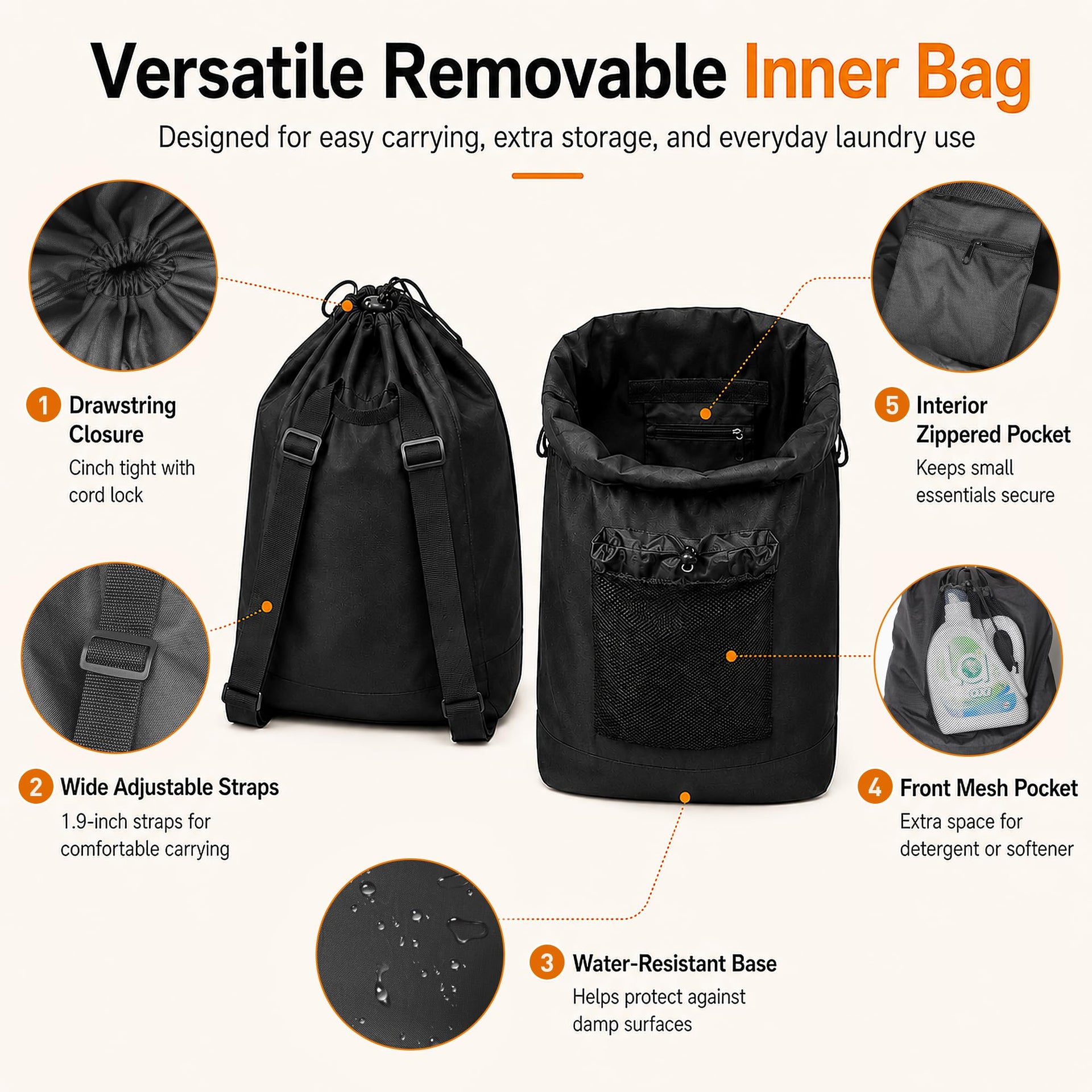 60L 2-in-1 Laundry Hamper with Waterproof Laundry Backpack