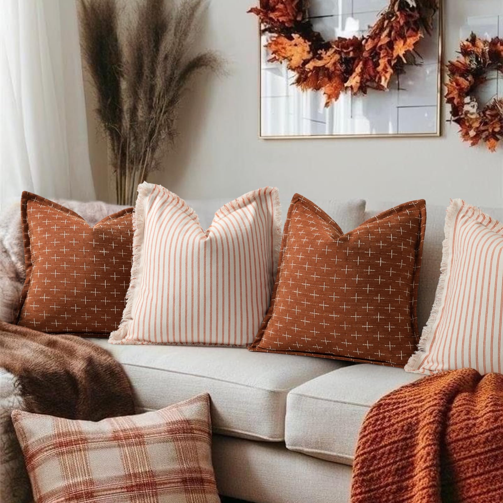 Fall Pillow Covers 16x16 Set of 2 Soft Polyester Textured Rust Pillow Covers with Stylish Flange Edge Cozy Farmhouse Throw Pillows for Couch Bed Sofa Living Room Fall Decor