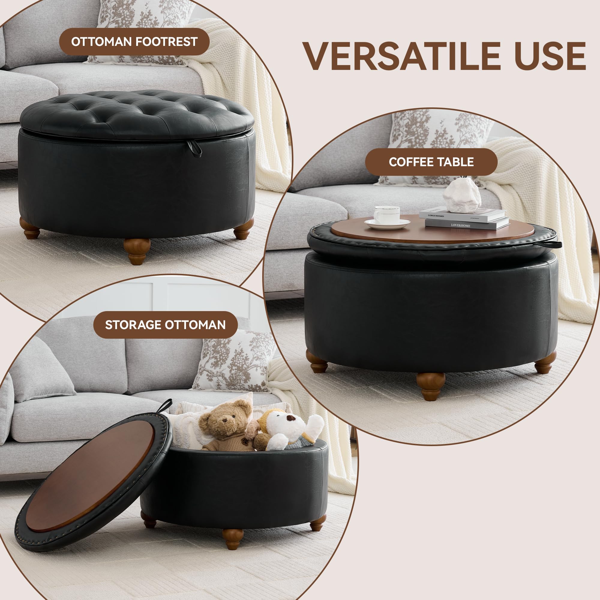 30Inch Round Storage Ottoman with Tray
