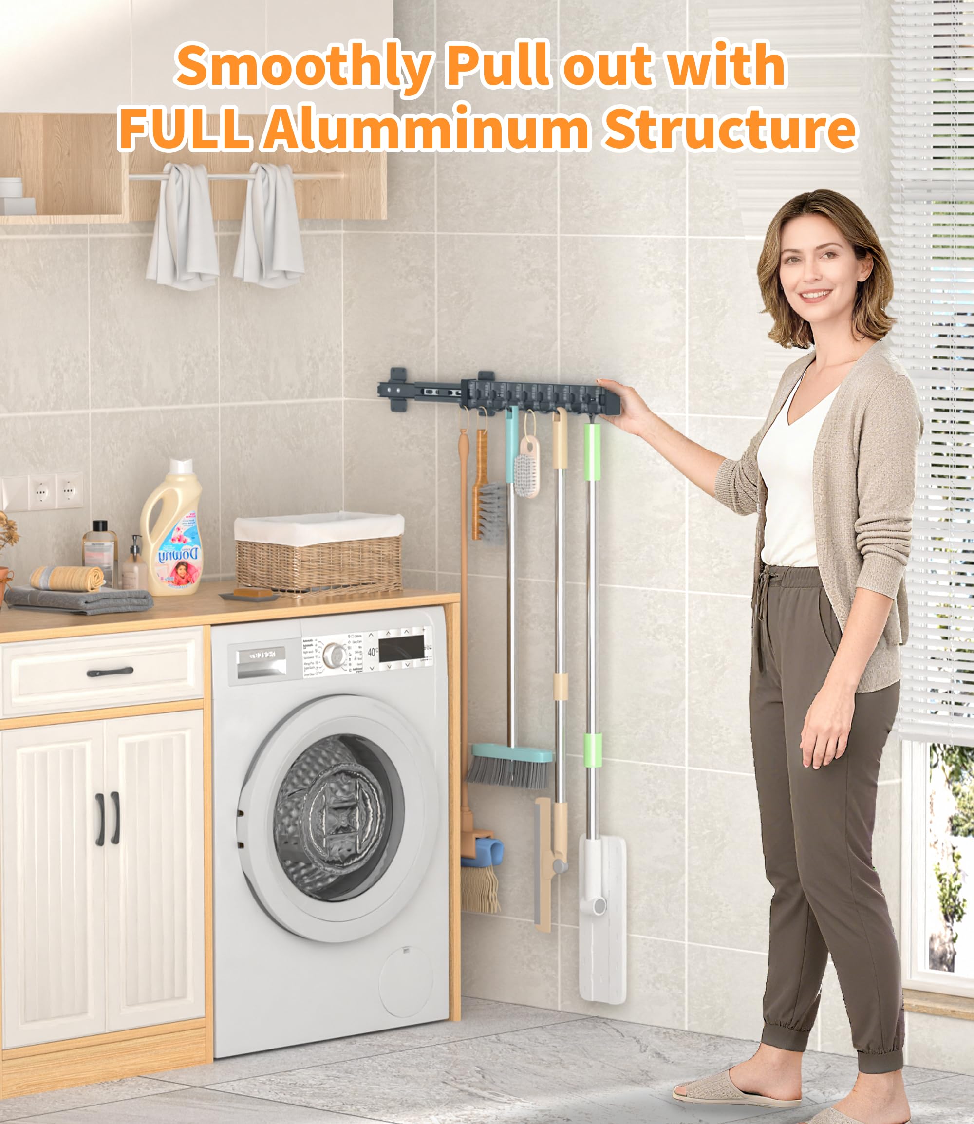 Pull Out Broom Holder With 9 Adjustable Row Sliding Hook