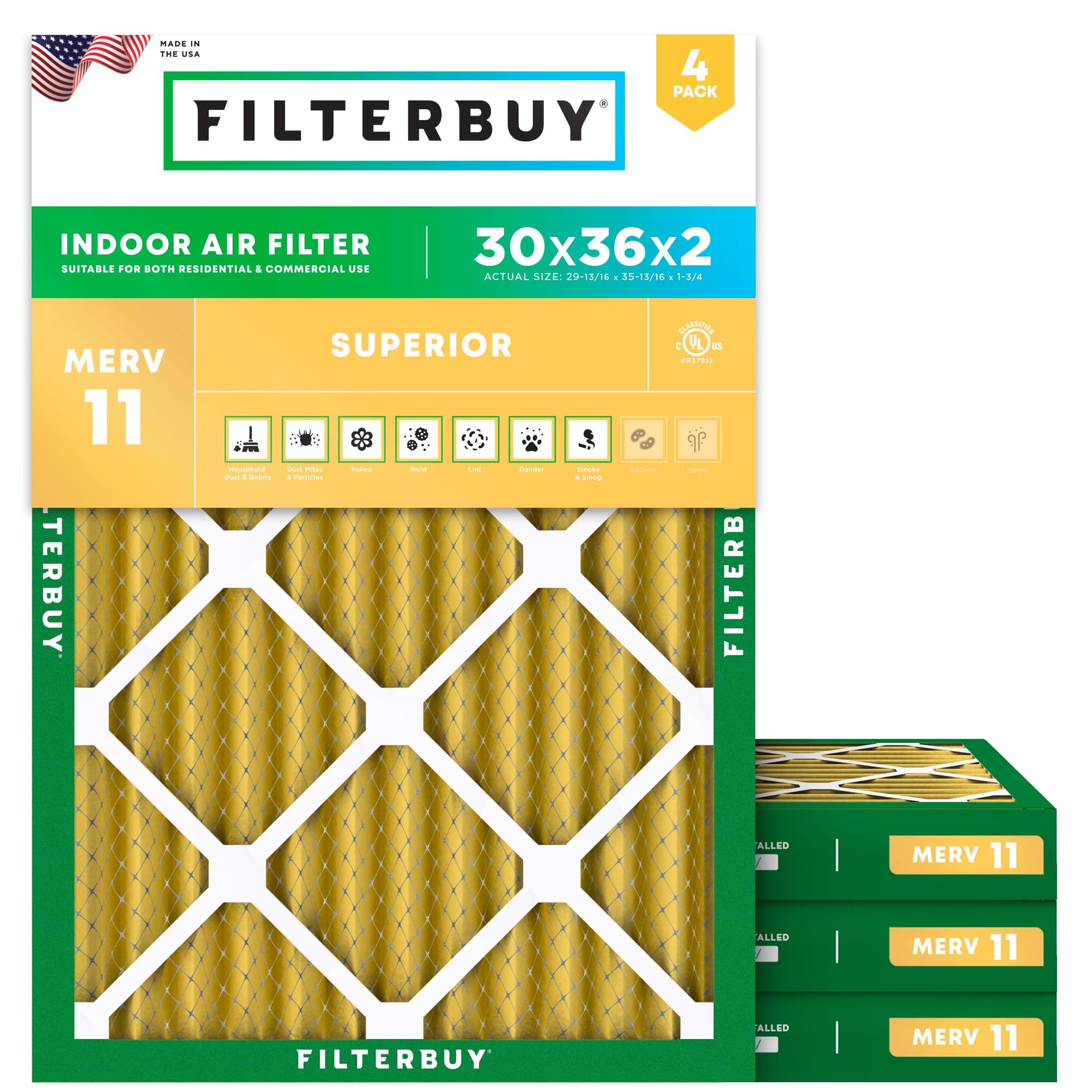 30x36x2 Air Filter MERV 11 Pet & Allergy Defense (4 Count)