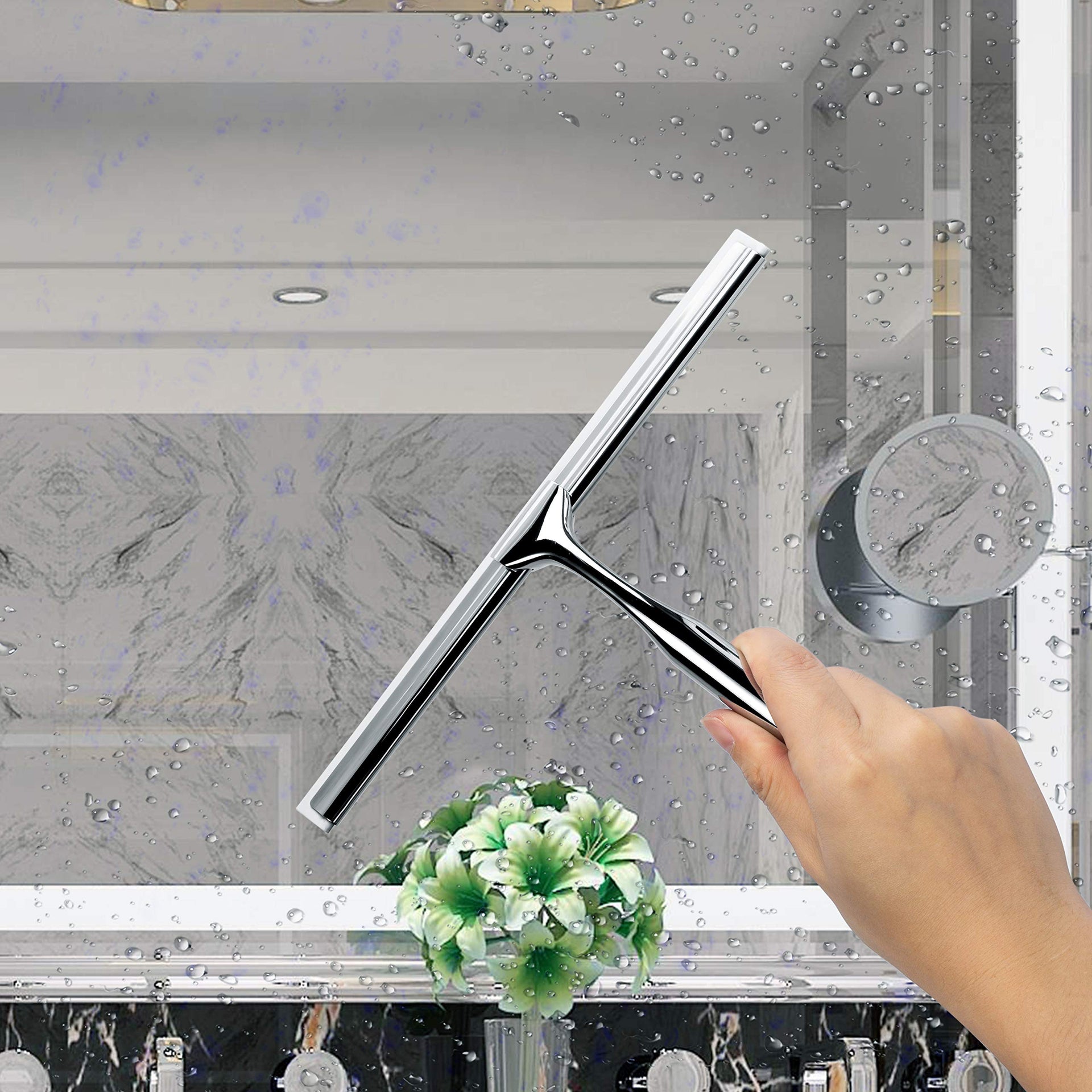 Shower Squeegee Clear Glass Wall Cleaner Stainless Steel with Suction Storage Hook