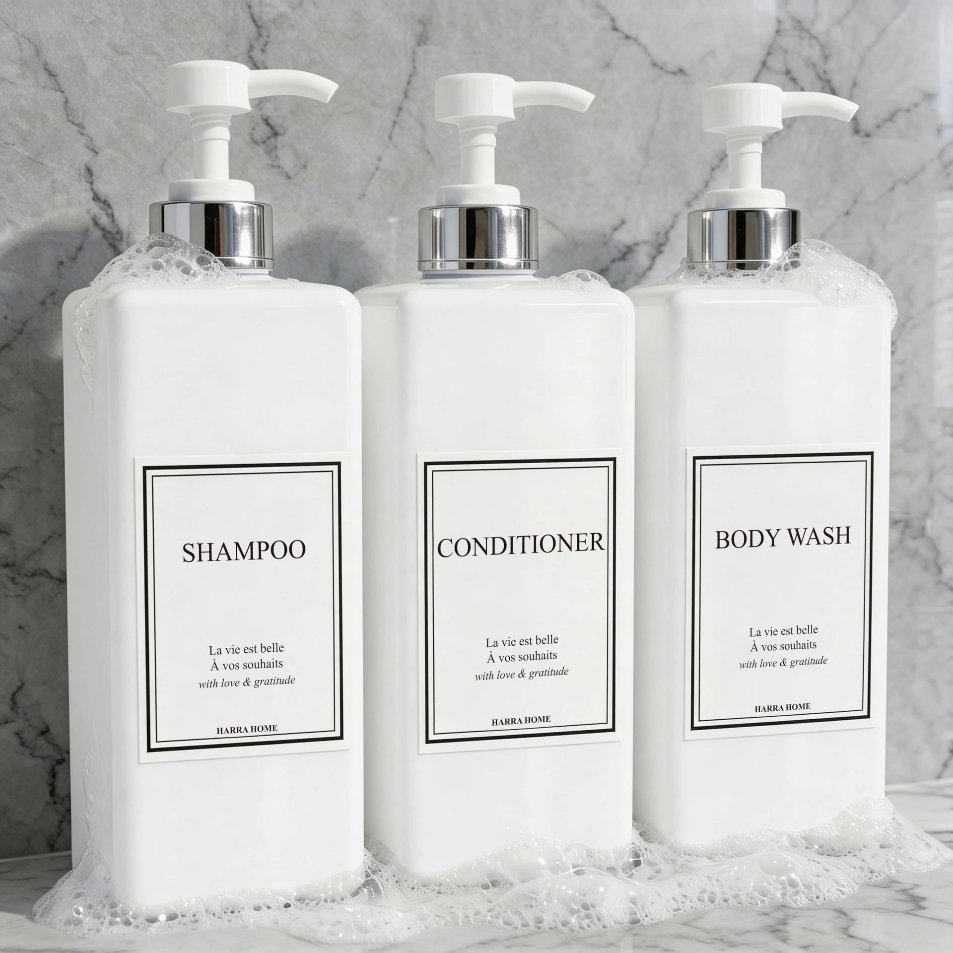 Modern Gold Design Pump Bottle Set 27 oz Refillable Shampoo and Conditioner Dispenser Empty Shower Plastic Bottles with Pump for Bathroom Lotion Body wash (3 Count)